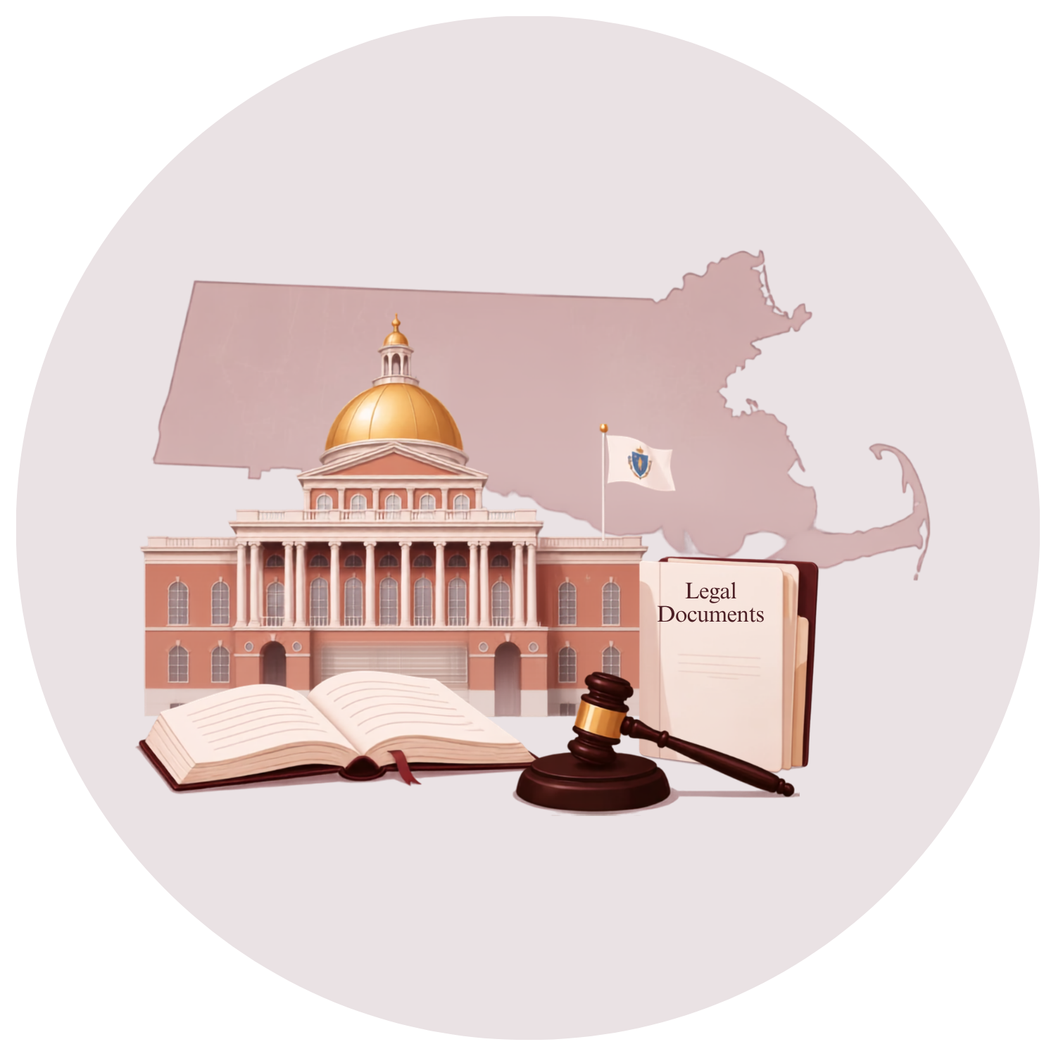 Illustration of a courthouse, legal books labeled 'Legal Documents,' a gavel, and an open law book in front of a map of Massachusetts in the background.