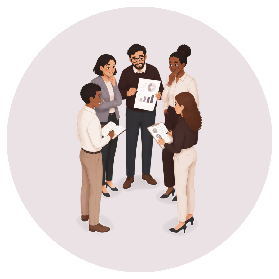 A diverse group of six professionals in business attire standing in a circle during a meeting, reviewing documents and discussing.