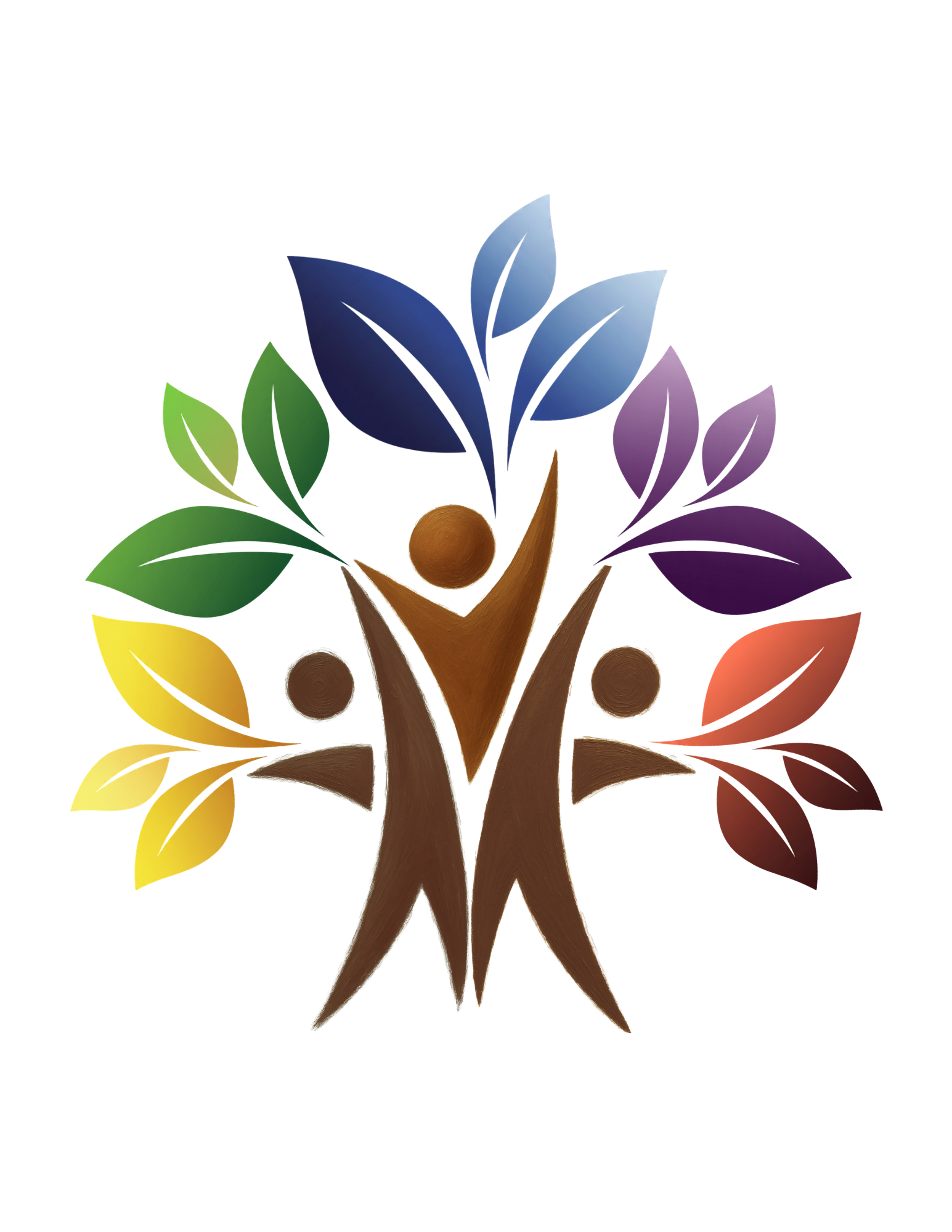 A stylized, colorful figure of a person with arms raised, surrounded by an array of multicolored leaves in a rainbow spectrum