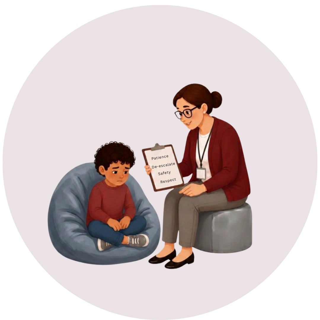A young boy sitting on a gray bean bag, looking sad, talking to a woman who appears to be a counselor or therapist. The woman is holding a clipboard with words: Patience, De-escalate, Safety, Respect.