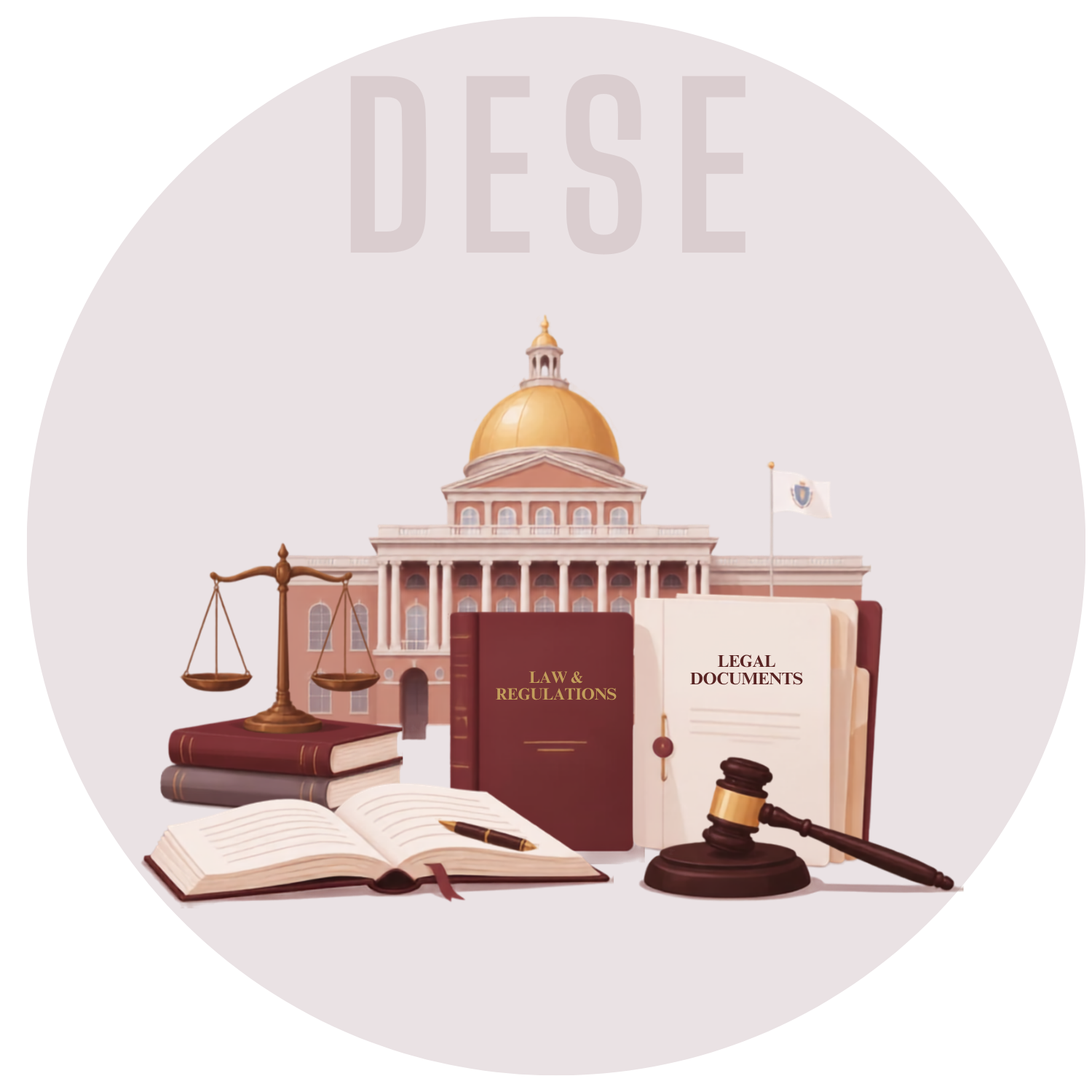 Legal and judicial symbols including books labeled 'Law & Regulations' and 'Legal Documents,' a gavel, a balance scale, and a courthouse building in the background.