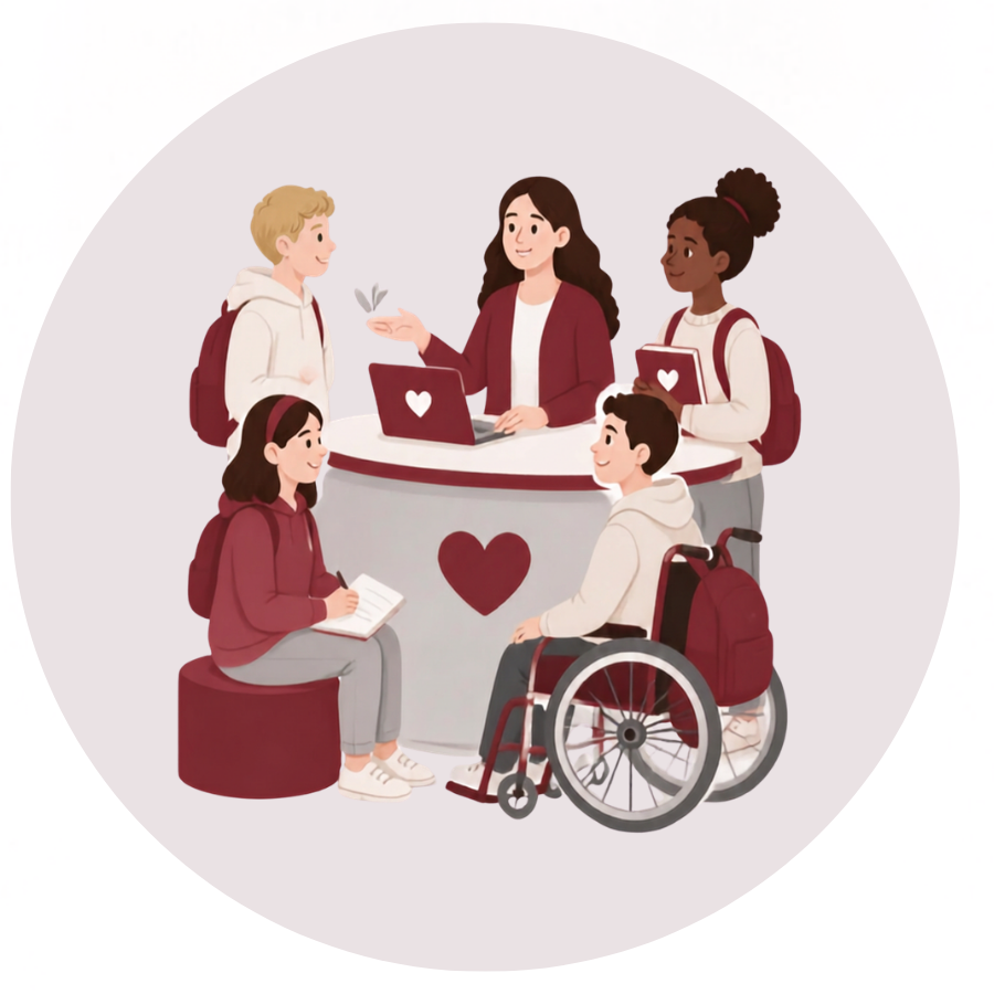 A diverse group of five young people gathered around a booth with a heart symbol, engaging in conversation and taking notes, with some carrying backpacks and one in a wheelchair.