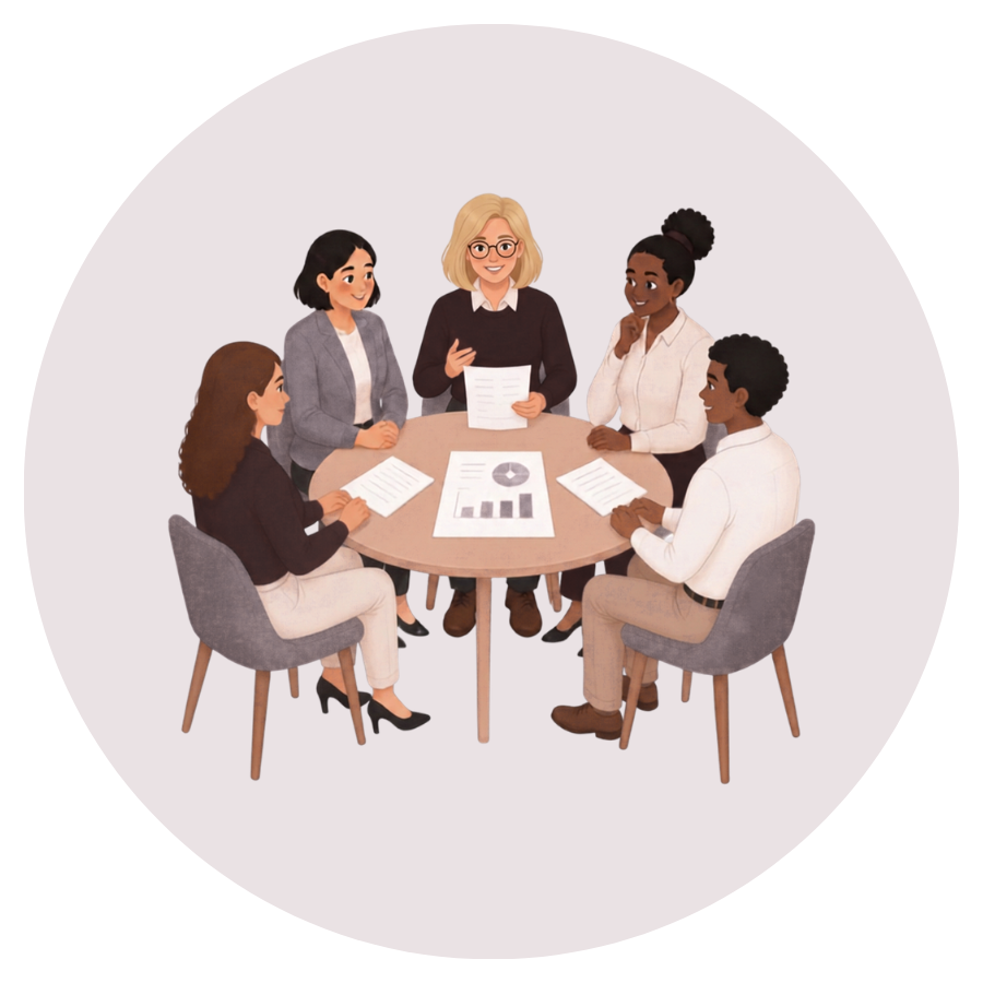 A diverse group of five women sitting around a round table having a business meeting, with documents and charts on the table.