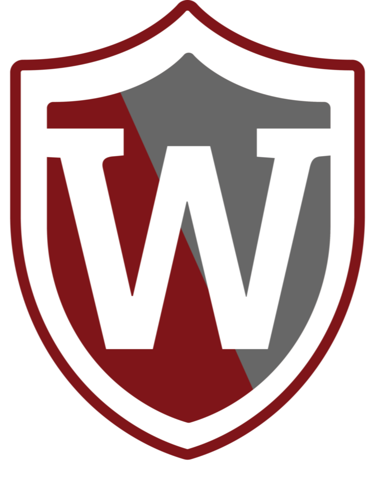 A shield emblem with a red, white, and gray color scheme featuring a large white letter 'W' in the center.