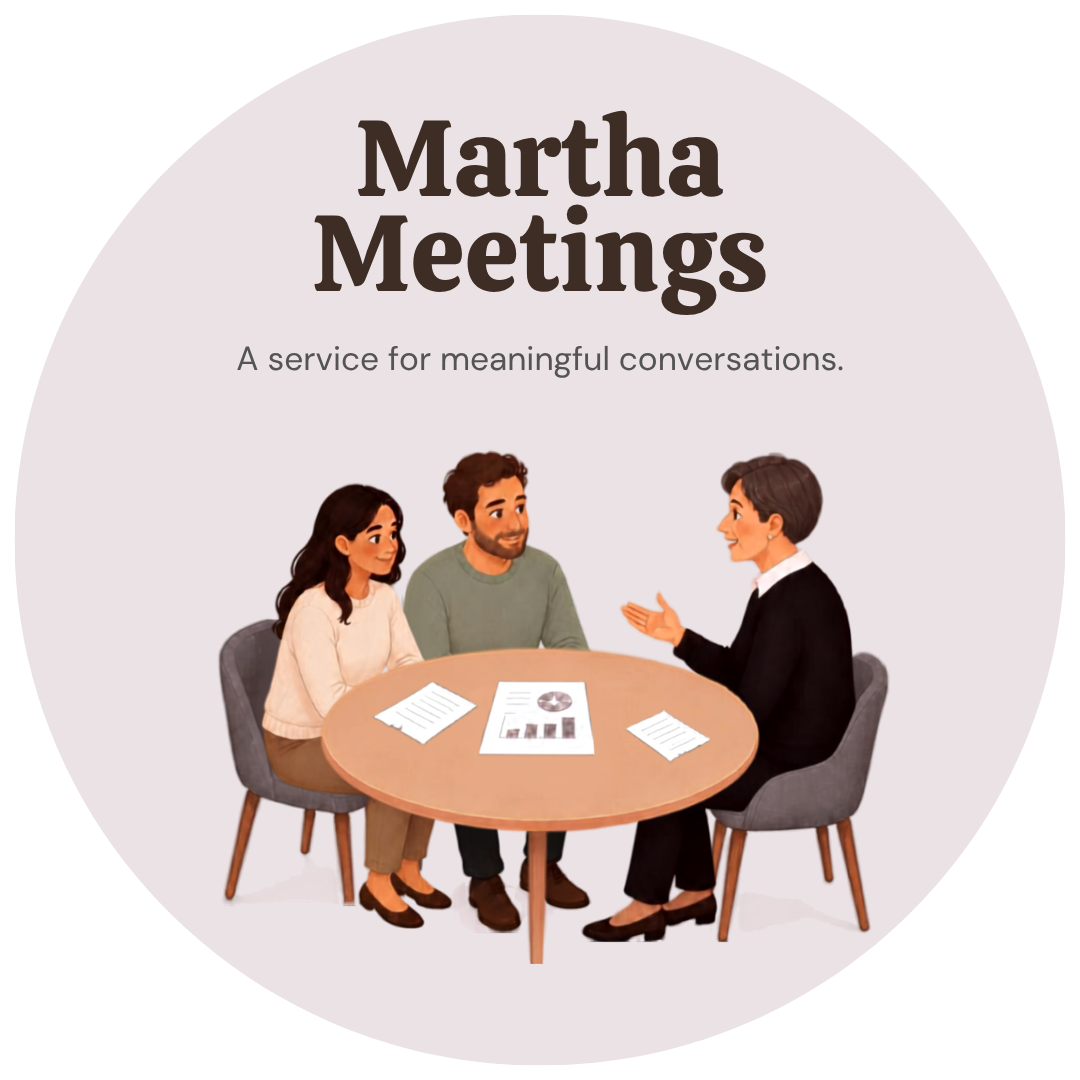 Illustration of three people sitting at a round table engaged in conversation, with documents and charts on the table, representing a Martha Meetings service for meaningful conversations.