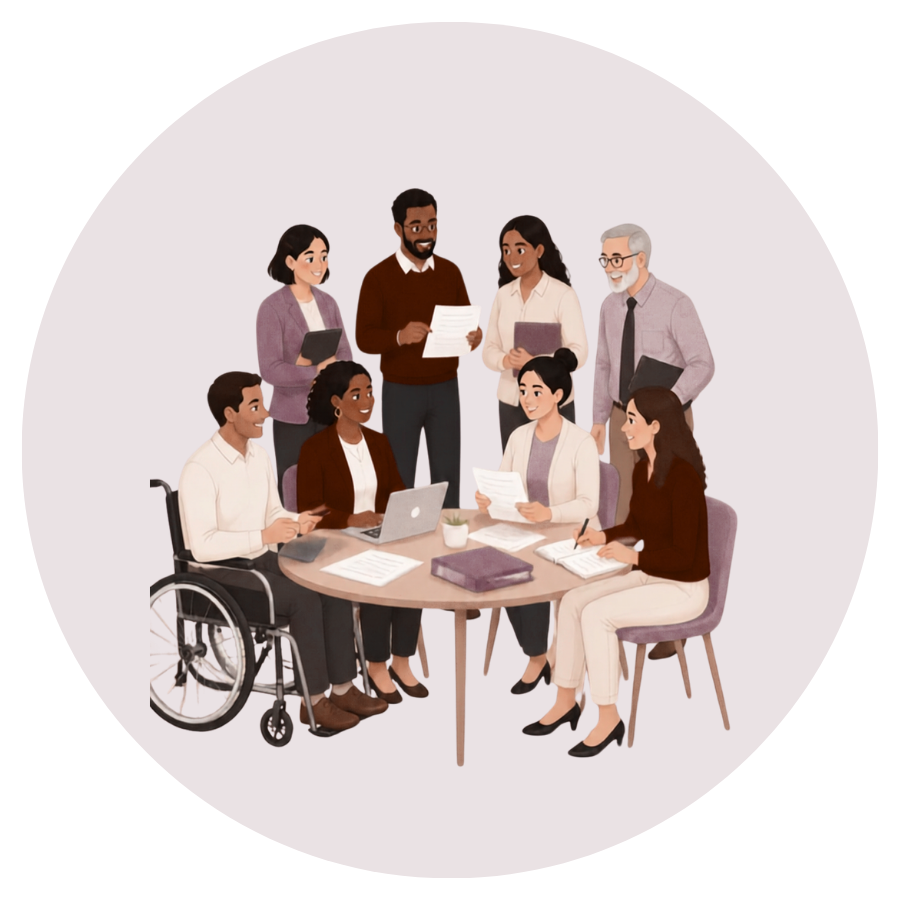 Group of diverse professionals working together in a meeting, some sitting at a table with laptops and documents, others standing with tablets and papers.