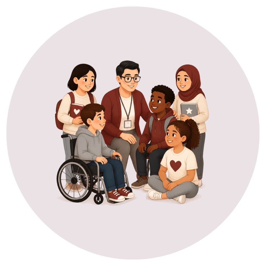 Drawing of six diverse children, including a girl in a wheelchair, with a woman and a man, all smiling and engaging in conversation, in a circle with a plain background.