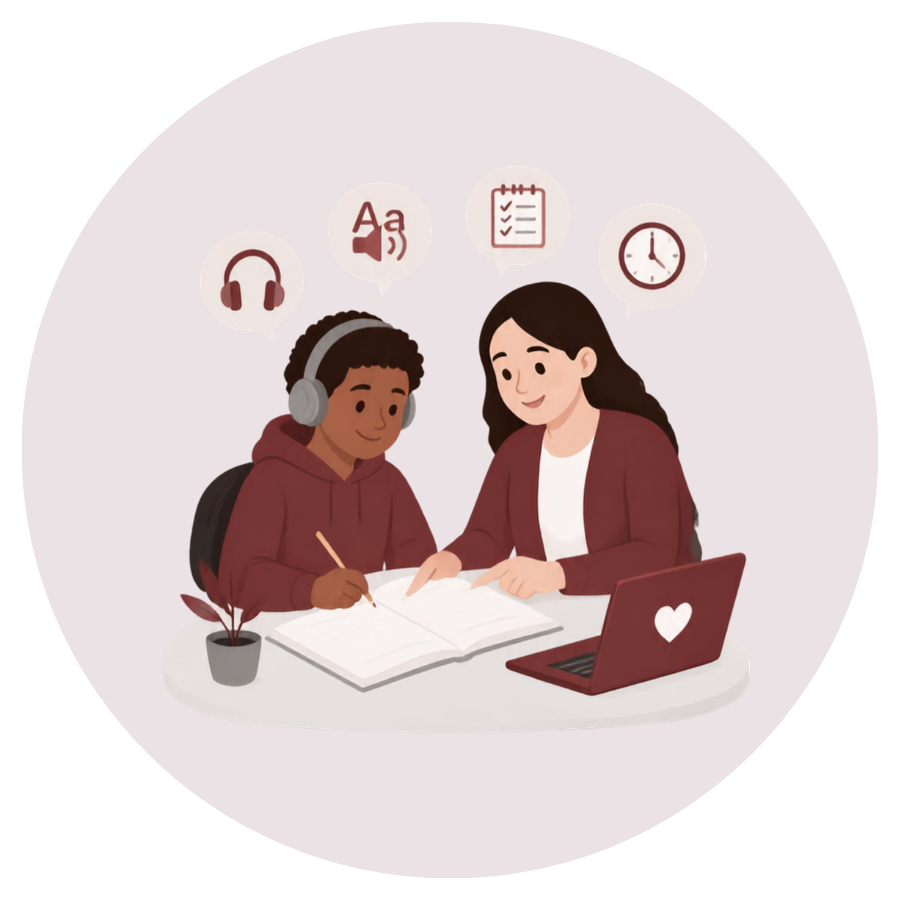 A woman helps a young student with homework, sitting at a desk with an open book, laptop, and potted plant. The student wears headphones, and there are icons of headphones, language translation, checklist, and clock above them.