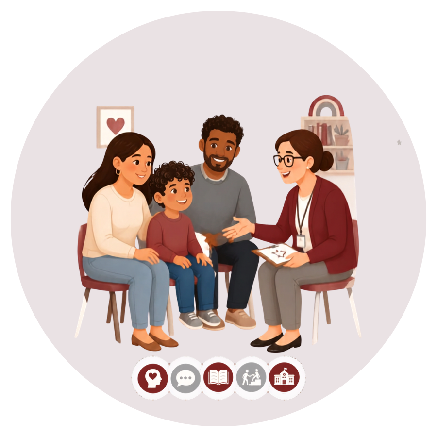 A family of four talking with a counselor in a therapy session, sitting in a cozy room with a bookshelf and framed art in the background.