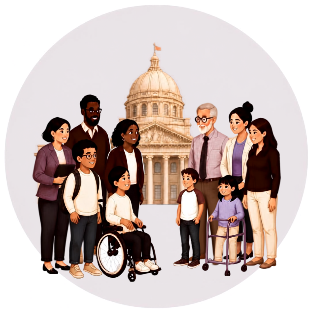 A diverse group of adults and children, including individuals with disabilities, standing in front of a government capitol building under a cloudy sky.