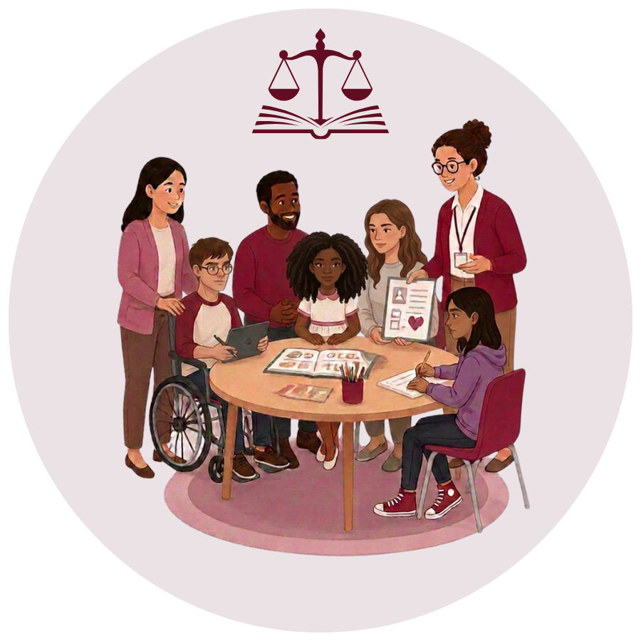 Group of diverse people, including children and adults, participating in a discussion, with a woman presenting information and a symbol of justice or law above them.