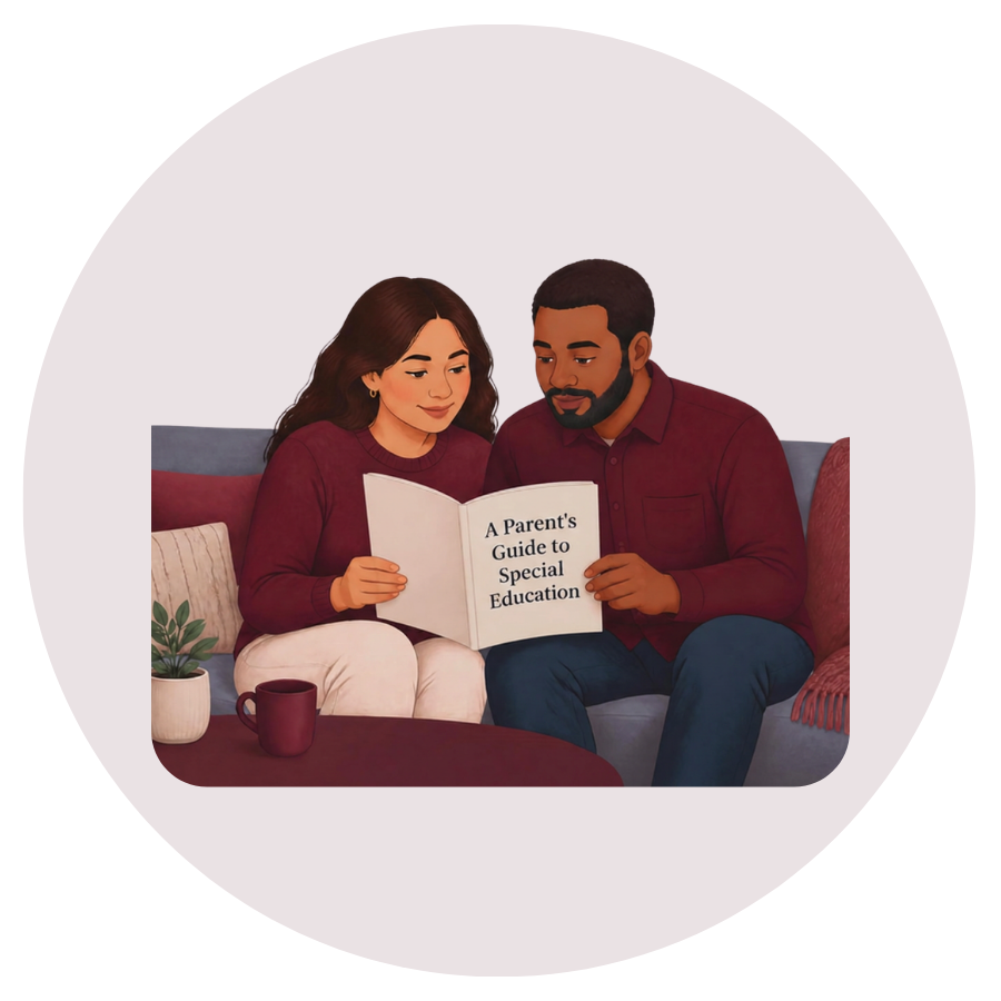 A man and woman sitting on a couch, reading a book titled "A Parent's Guide to Special Education."