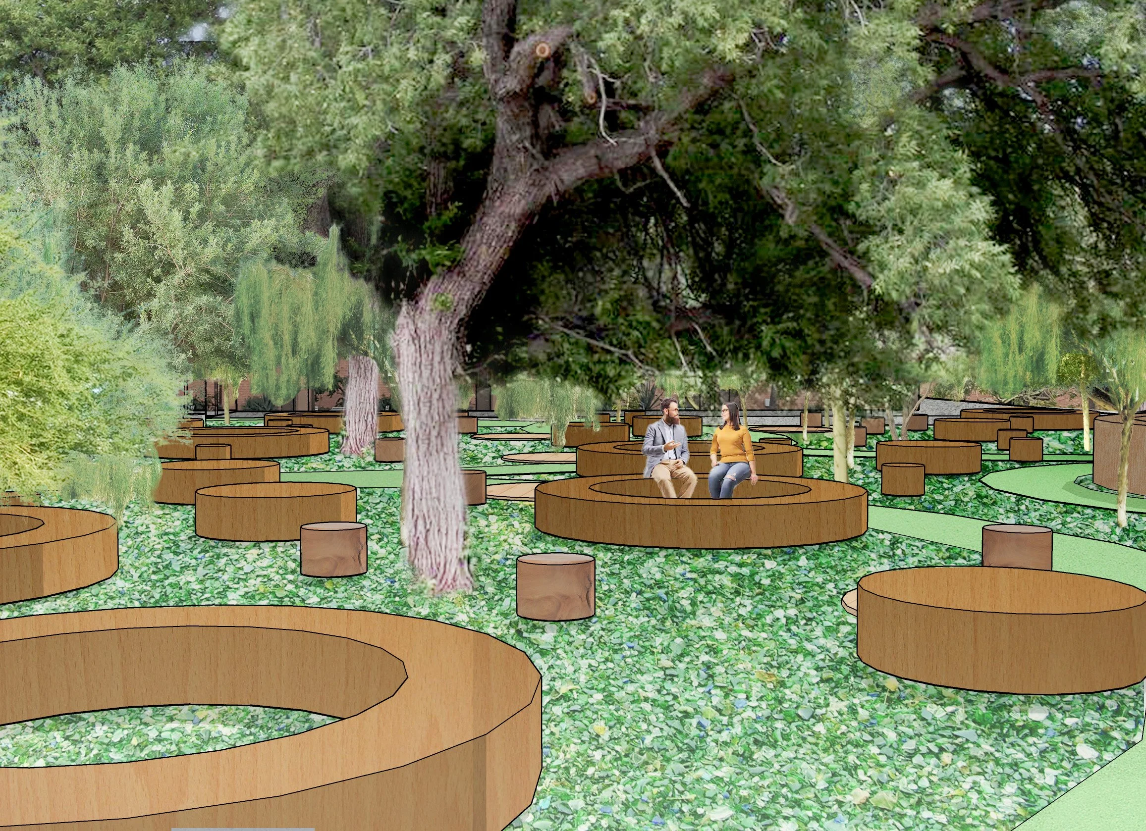 An artistic rendering of a park with large trees and wooden circular seating areas. Two people sit and talk on one of the seats.