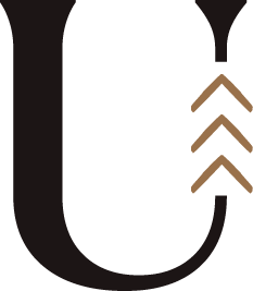 Close-up of a black U-shaped object with three brown arrows pointing upward on its side.