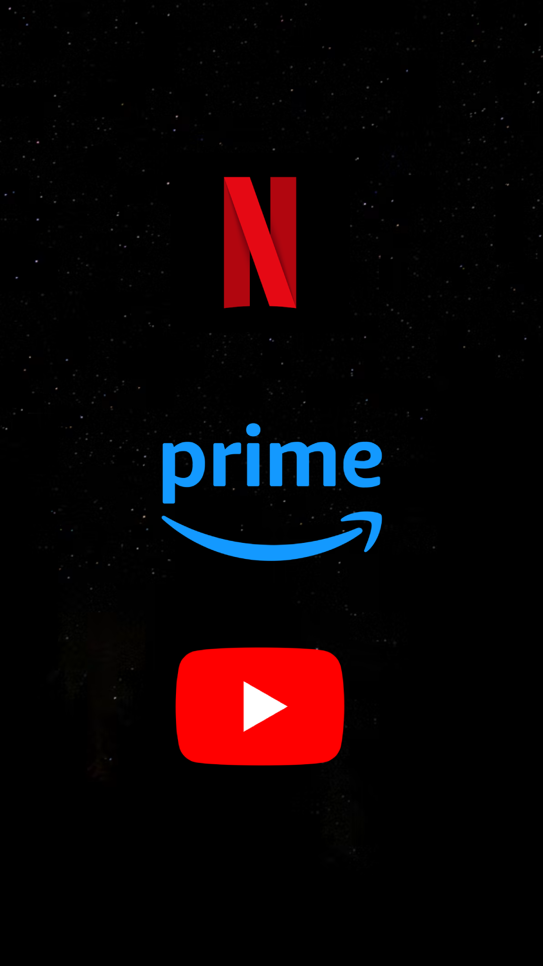 A smartphone screen displaying the streaming platform logo Netflix at the top, the Amazon Prime logo in the middle, and a red YouTube play button at the bottom, all set against a starry night sky background.