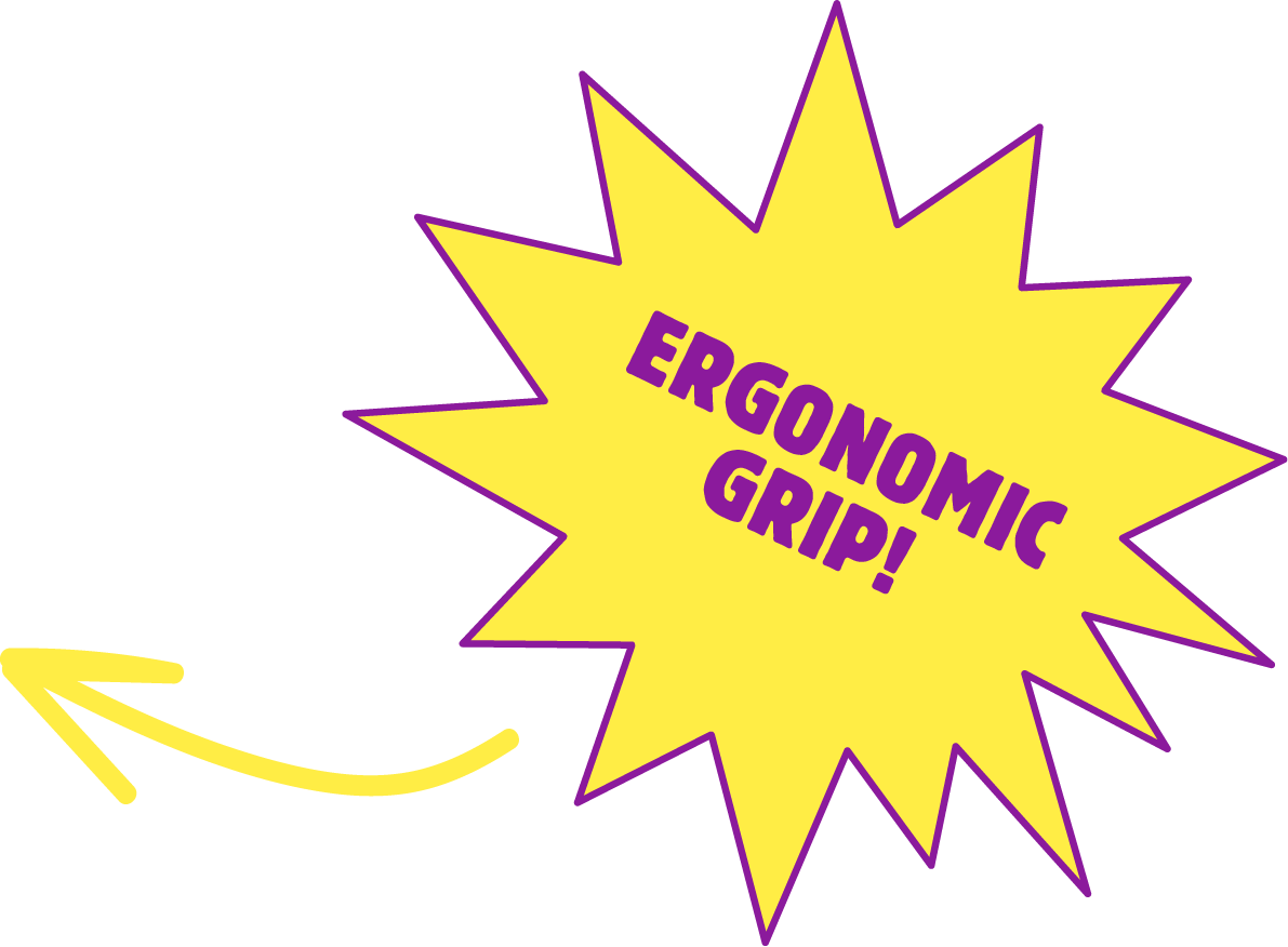 Yellow starburst with purple border displaying the text 'ERGONOMIC GRIP!' in purple, with a yellow arrow pointing toward it.