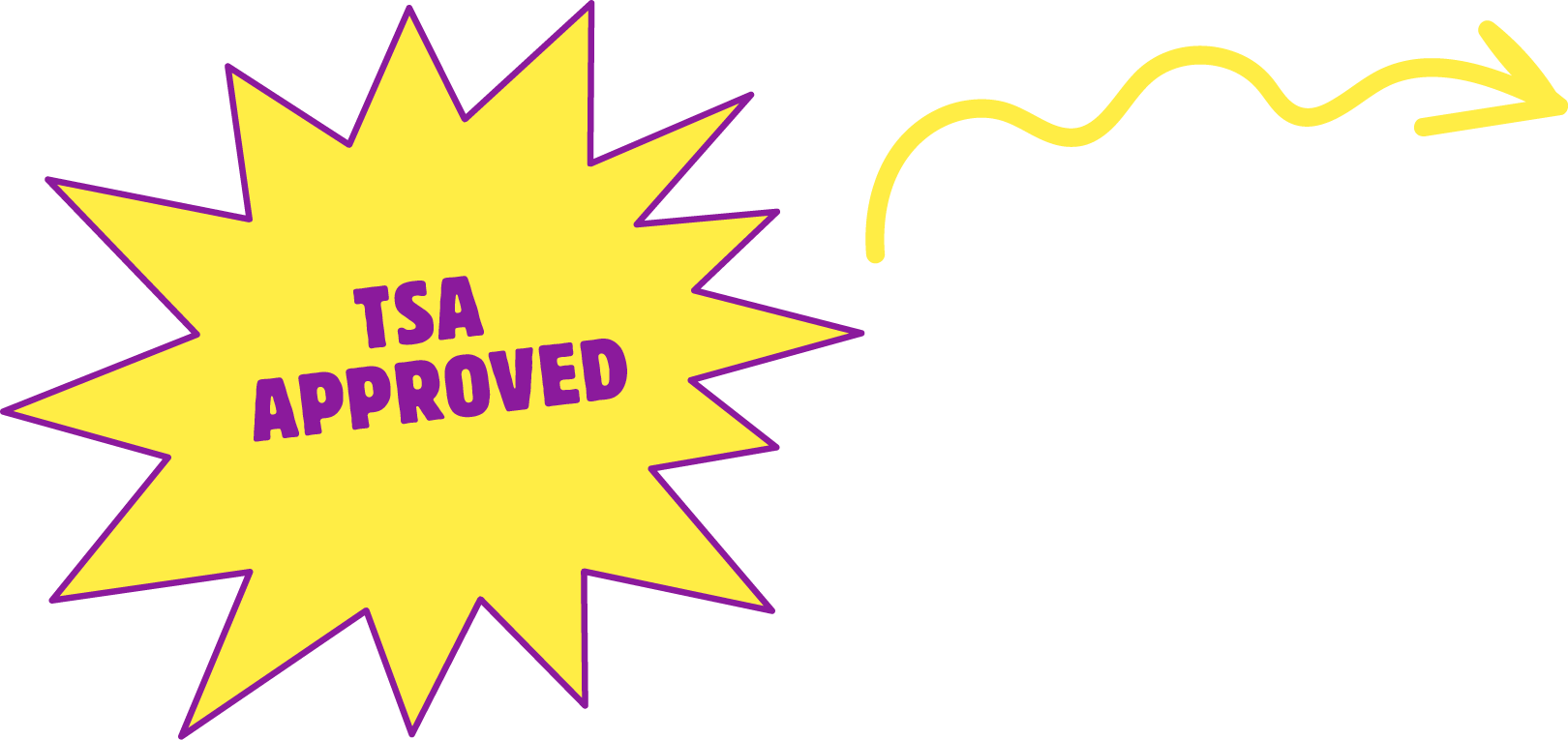 Yellow starburst shape with the text "TSA Approved" in purple, and a yellow arrow pointing to the right.