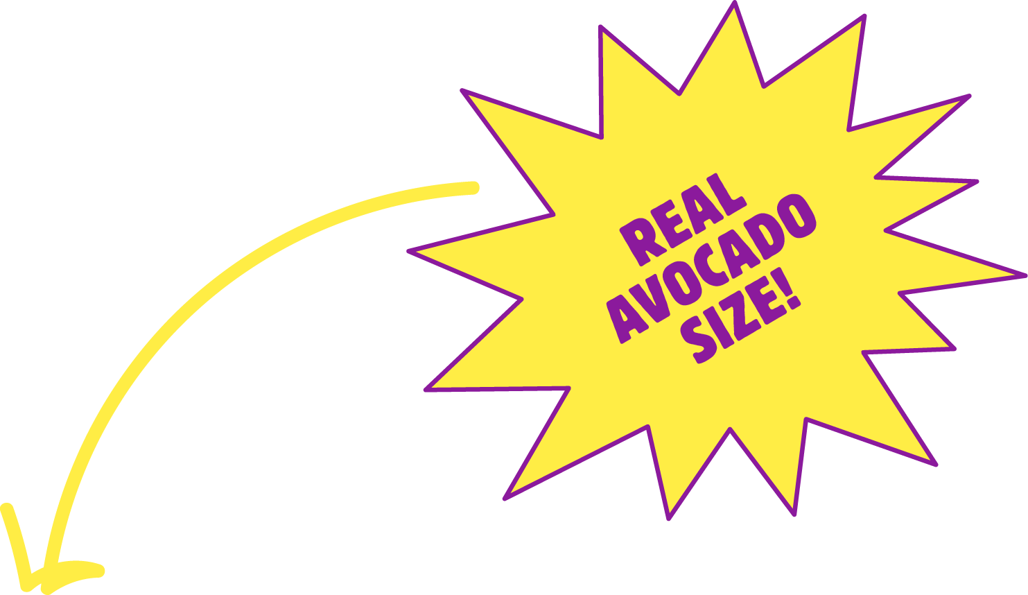 Yellow starburst shape with purple outline and text that reads 'Real Avocado Size!'