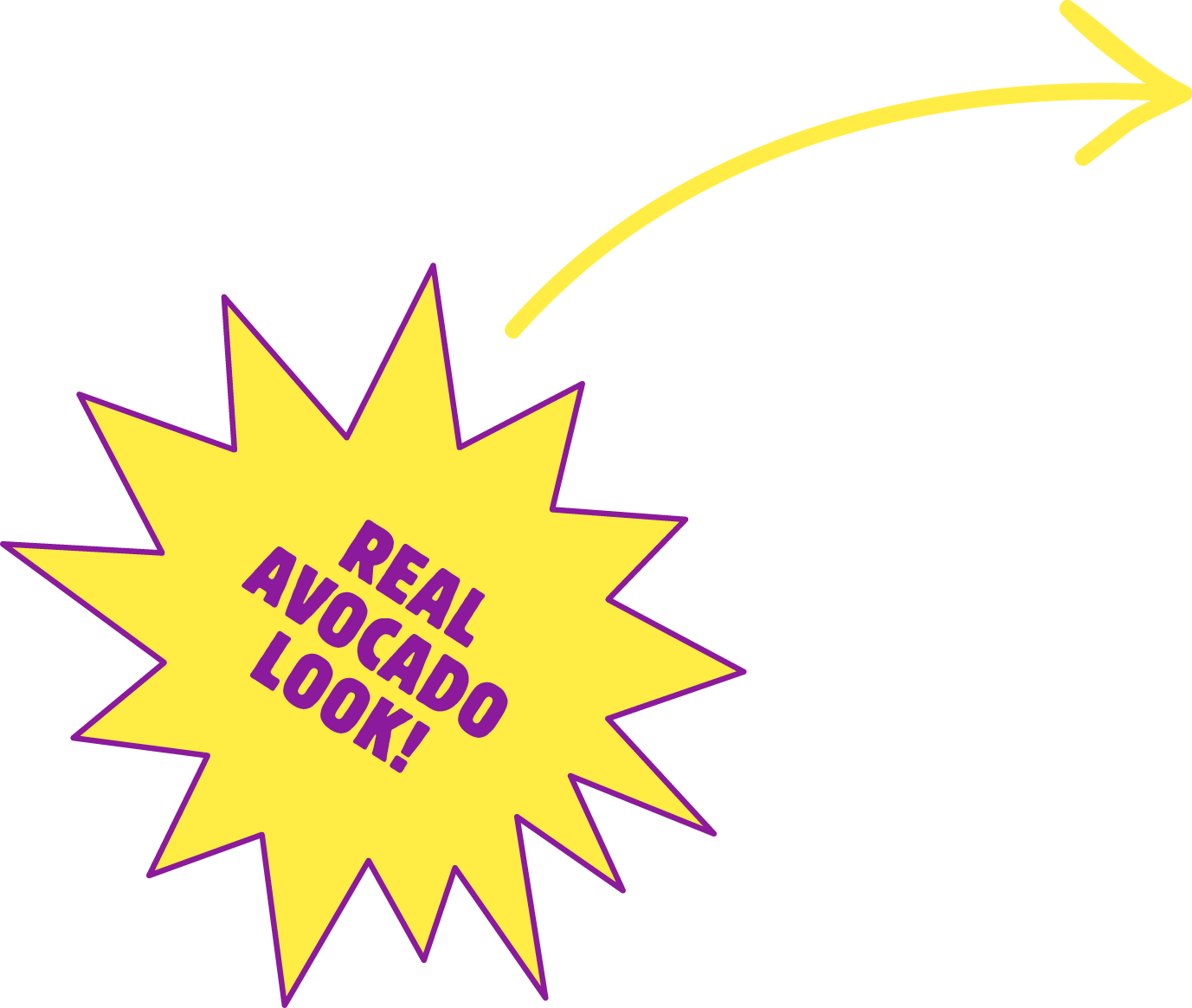 Bright yellow starburst graphic with purple border, containing purple text that says 'Real Avocado Look!'