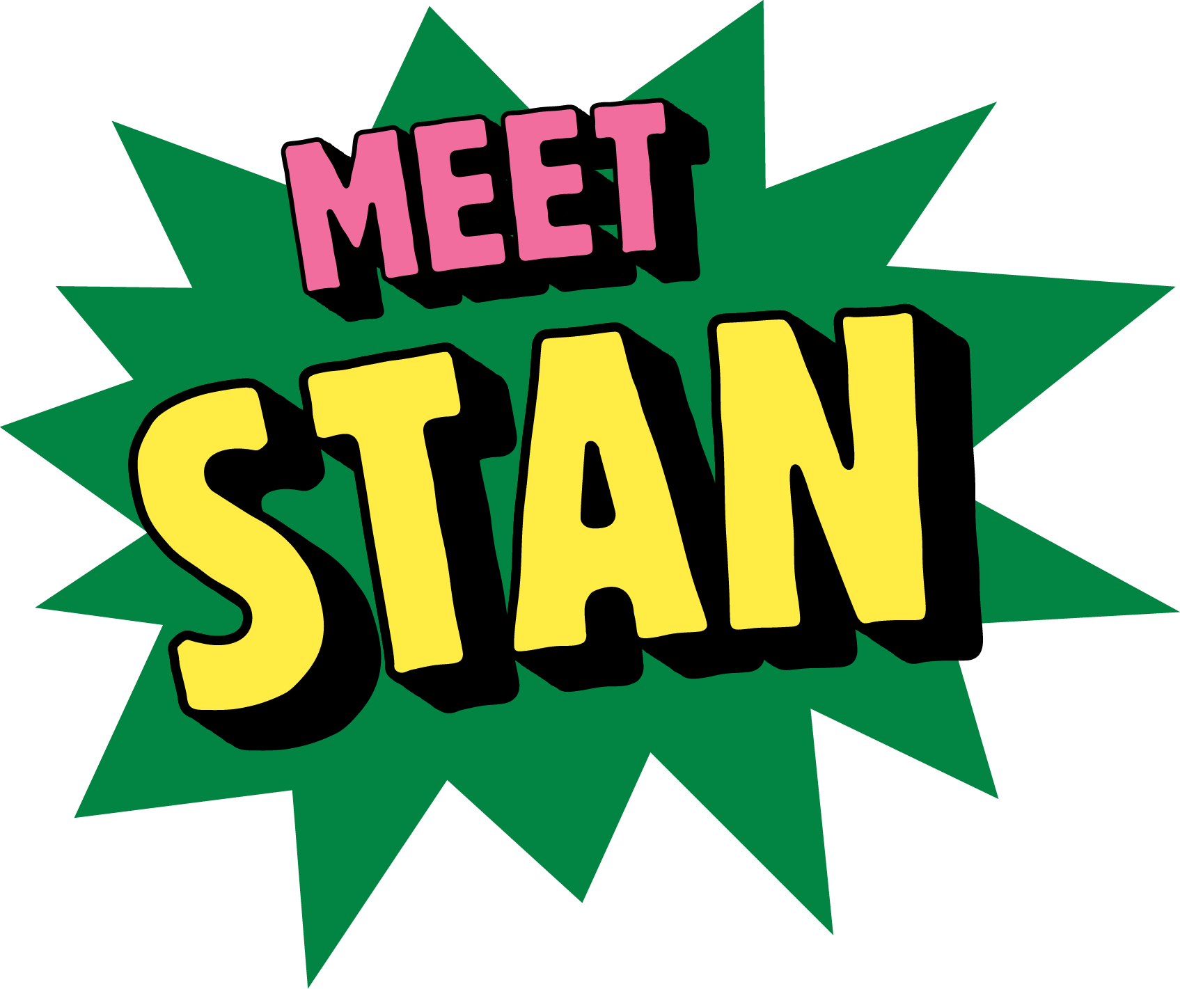 Colorful comic book style graphic with the words "MEET SQUAD" in pink and yellow text on a green explosion background.