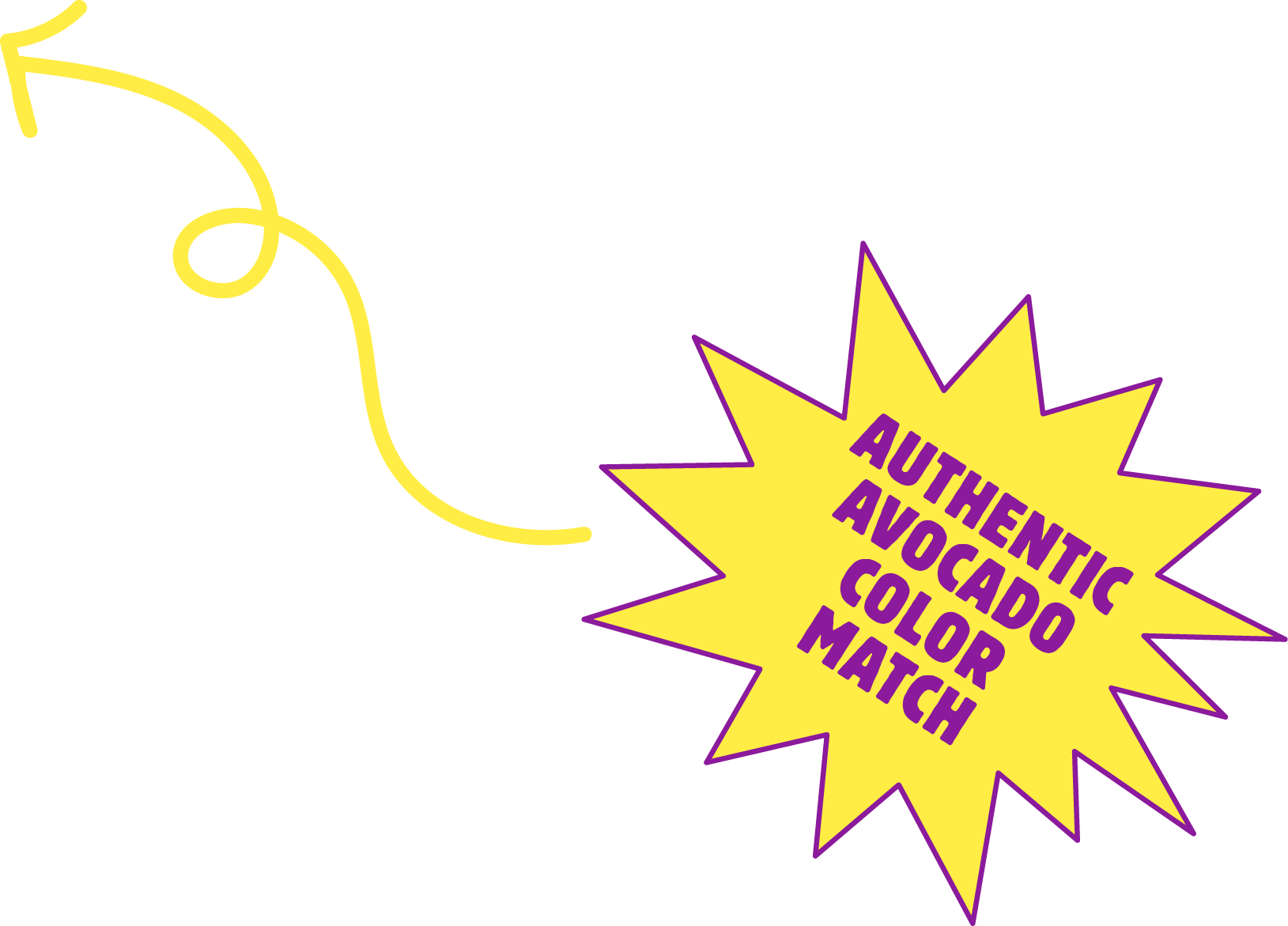 A yellow string ending in a starburst-shaped label with purple text that reads "Authentic Avocado Color Match."