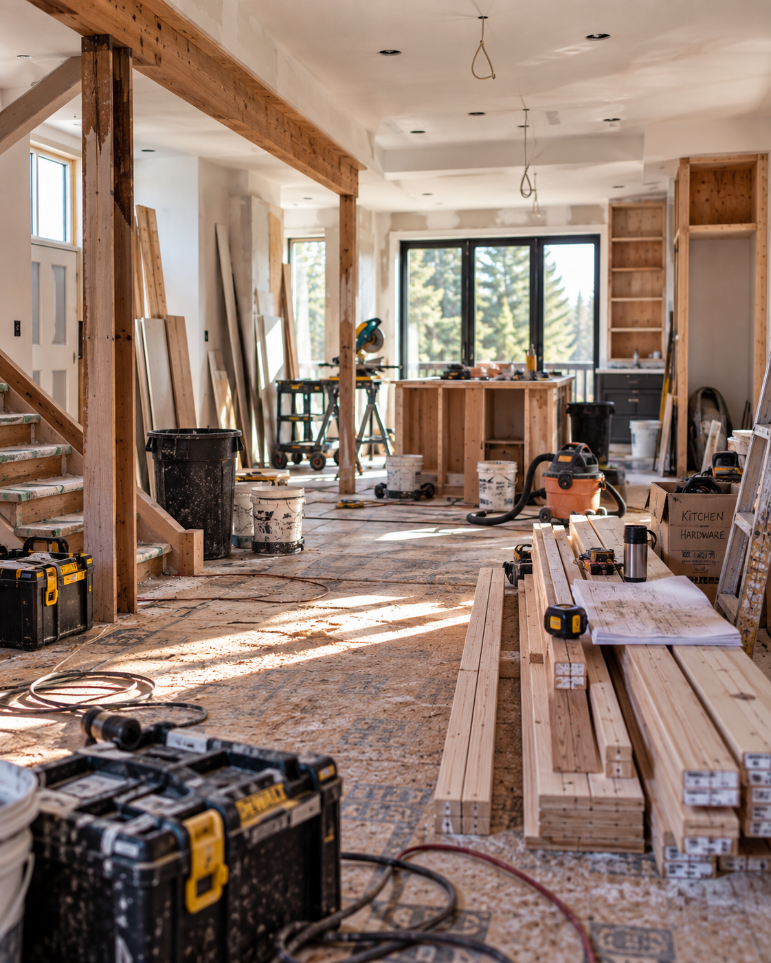 Residential renovation jobsite with tools and building materials throughout the space.