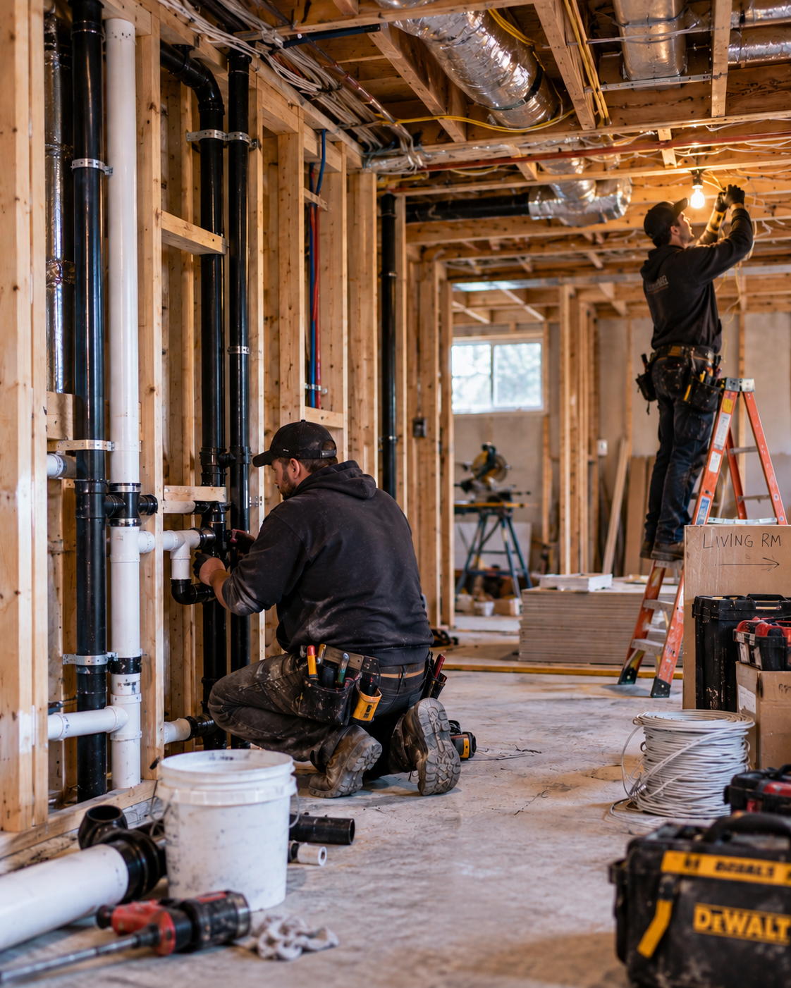 Tradespeople completing rough-in work inside a residential renovation.