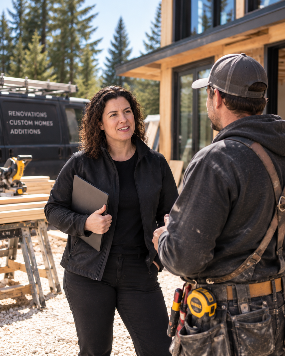 Jeanette talking with a tradesperson outside a residential renovation.