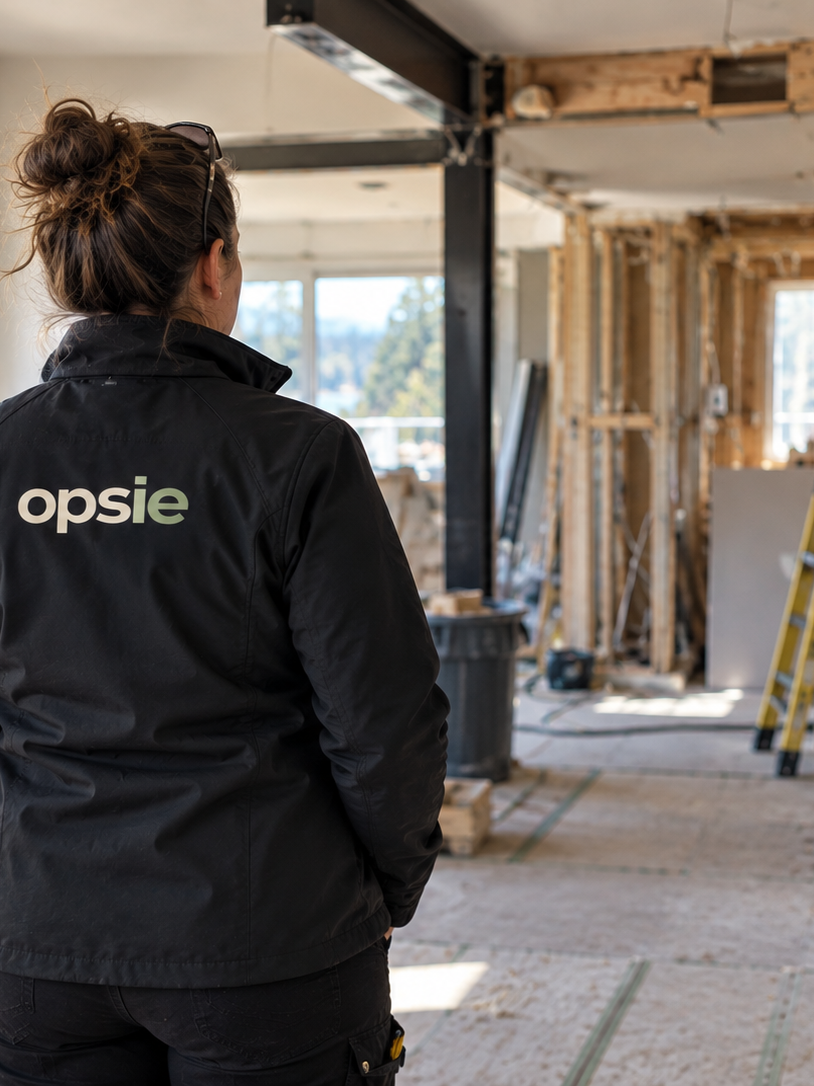 Jeanette observing a residential renovation jobsite in an Opsie jacket.