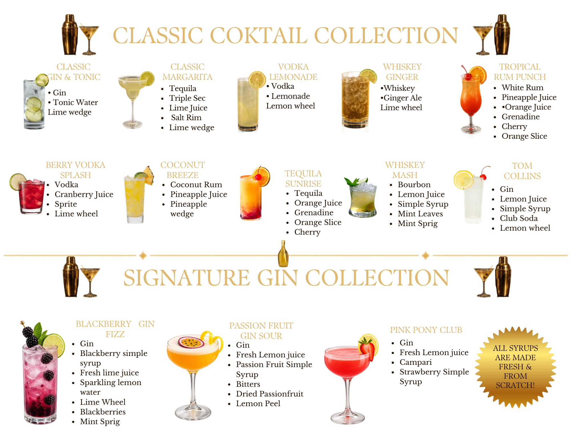A menu display titled 'Classic Cocktail Collection' featuring images of various colorful cocktails with lists of ingredients. The cocktails include Classic Gin & Tonic, Classic Margarita, Vodka Lemonade, Whiskey Ginger, Tropical Rum Punch, Berry Vodka Splash, Coconut Breeze, Tequila Sunrise, Whiskey Mash, and Tom Collins.
