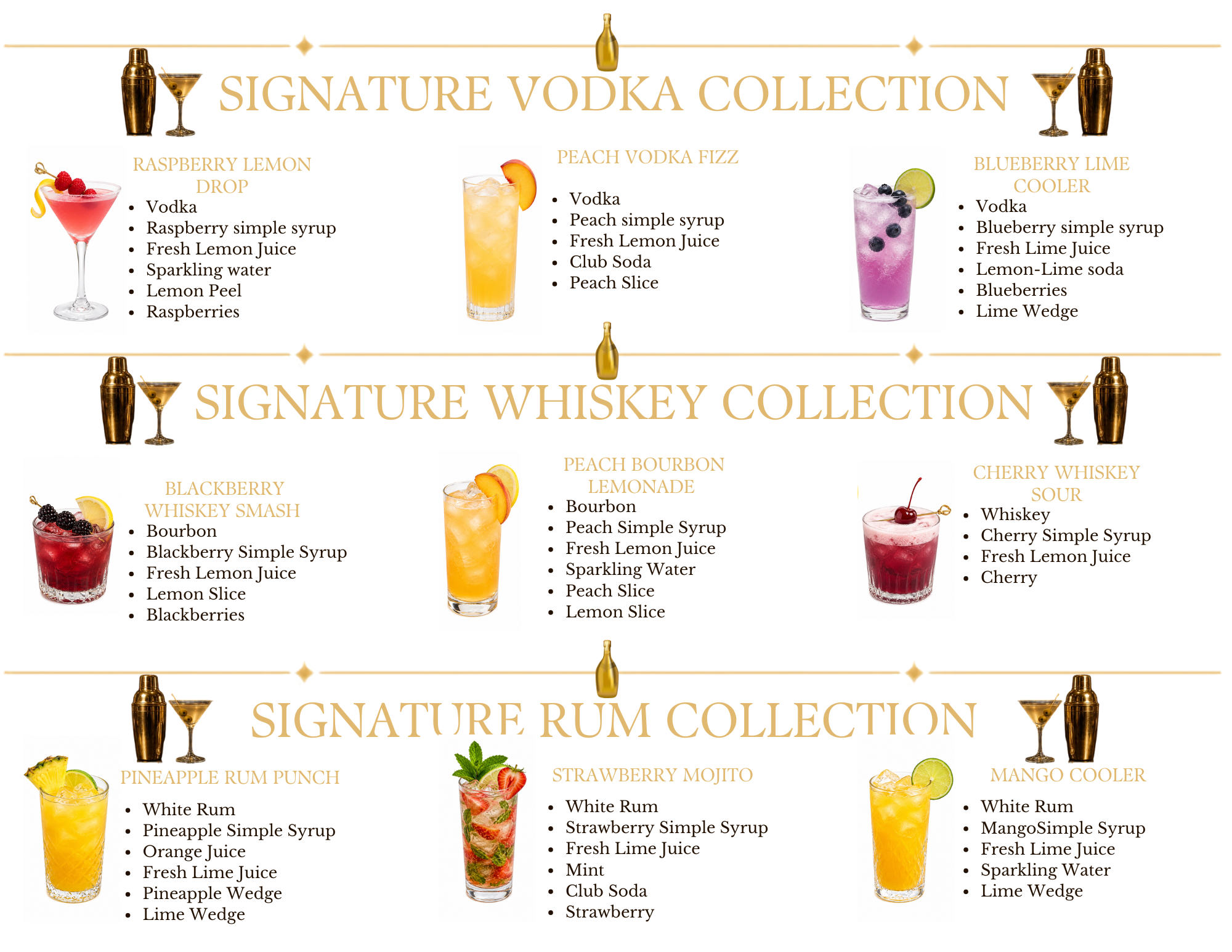 A drink menu featuring various signature vodka, whiskey, and rum cocktails with colorful drink images and ingredients listed.