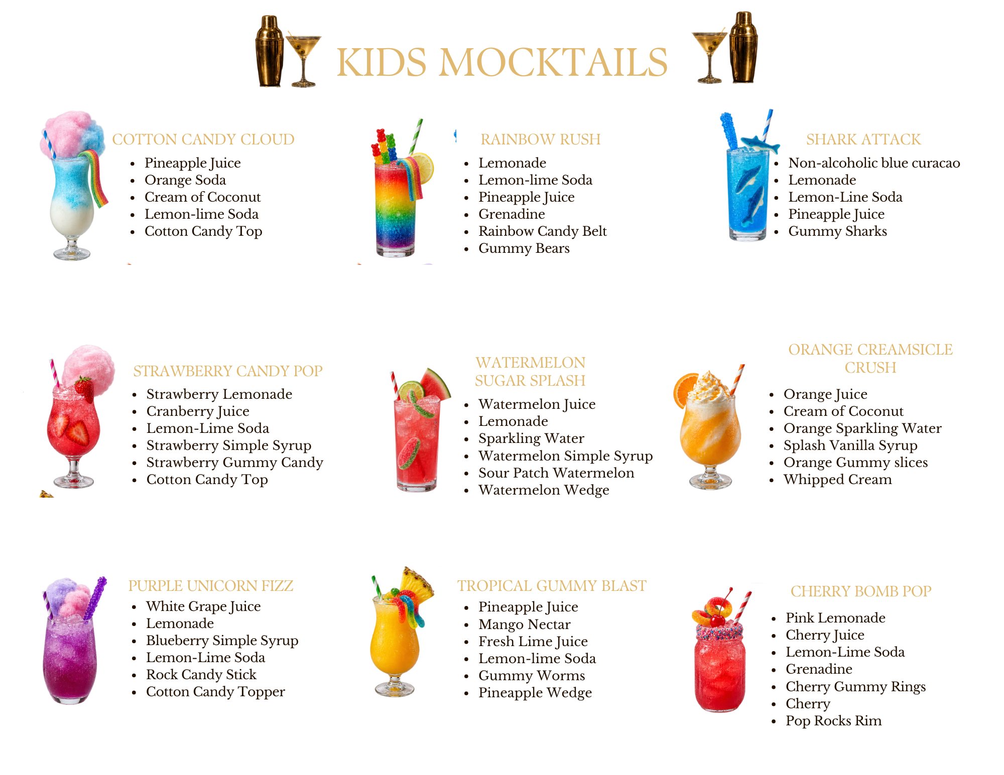 Menu featuring colorful children's mocktails with ingredients listed and images of various vibrant, fun drinks topped with candies and garnishes.