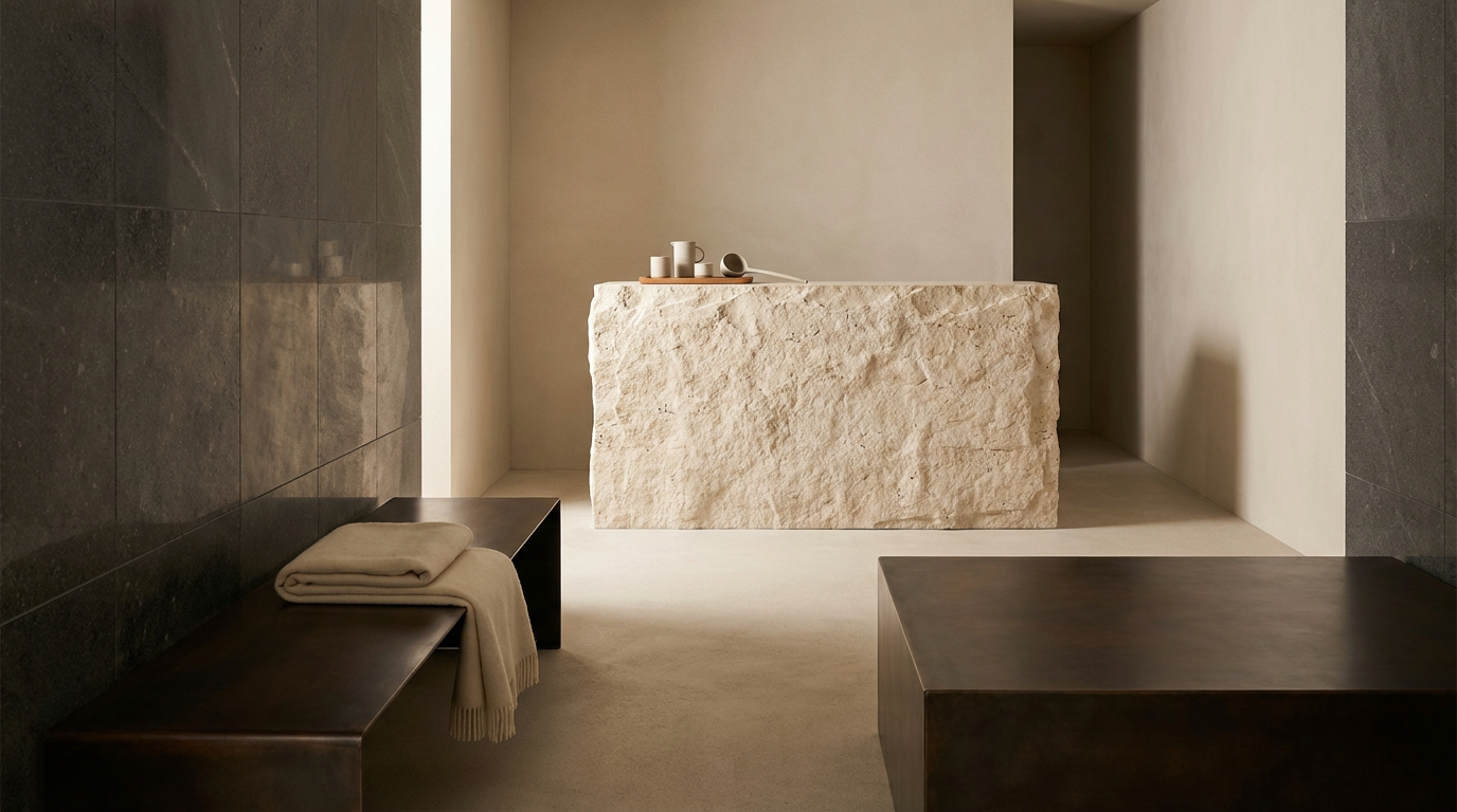Minimalist room with a stone counter, black benches, and beige walls, featuring folded blankets on one bench and cups and a plate on the counter.