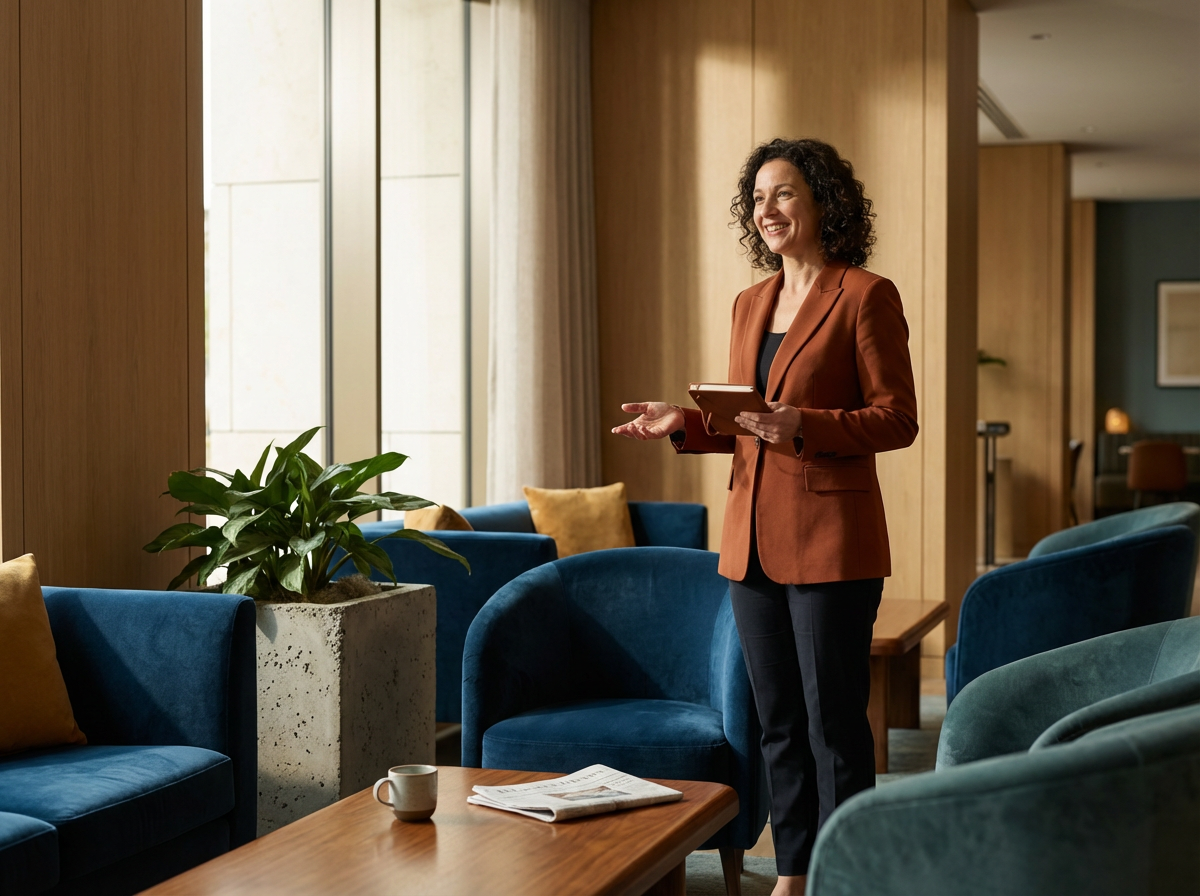 A woman with curly hair, wearing a brown blazer and black pants, standing in a hotel lounge, smiling and holding a tablet.