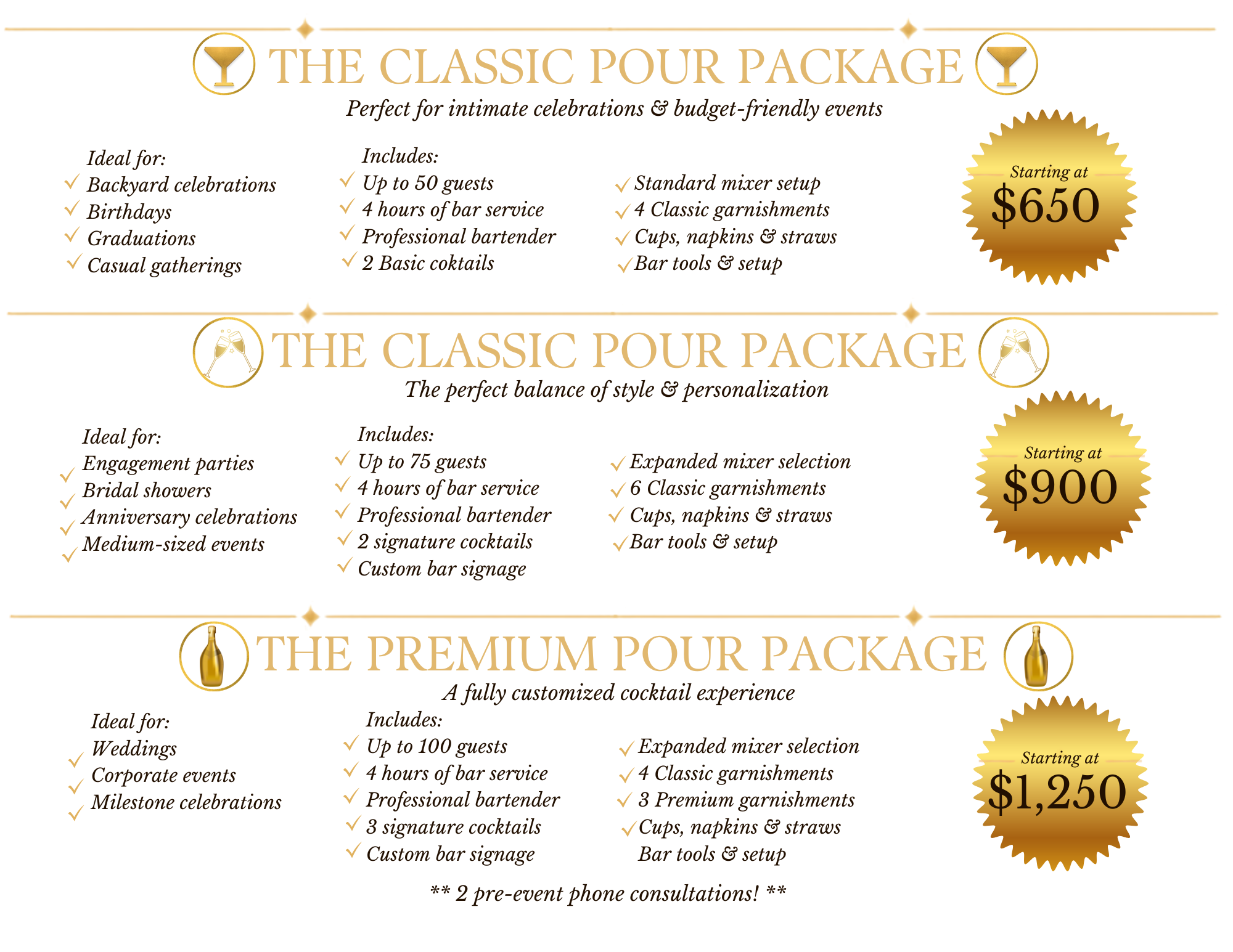 A flyer displaying three luxury drink packages with pricing. The top package is "The Classic Pour Package" starting at $65. It includes options for backyard celebrations, birthdays, graduations, casual gatherings, up to 50 guests, 4 hours of bar service, a professional bartender, and 2 classic cocktails. The second package is "The Premium Pour Package" starting at $90, suitable for weddings, corporate events, milestones, up to 75 guests, 4 hours of bar service, a professional bartender, 2 signature cocktails, and a custom bar signage. The third is "The Deluxe Pour Package" starting at $125, ideal for weddings, corporate events, milestones, up to 100 guests, 4 hours of bar service, a professional bartender, 3 signature cocktails, custom bar signage, expanded mixer selection, 4 classic garnishments, 3 premium garnishments, cups, napkins, straws, and bar tools. Each package features a gold glittery badge indicating the starting price.