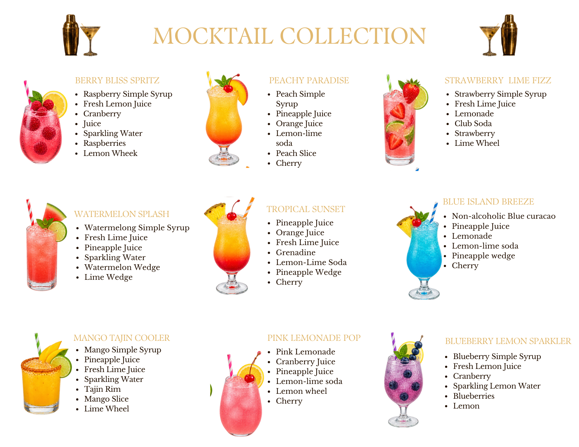 A colorful menu displaying nine different mocktail drinks with each drink's ingredients and garnishes, including a Berry Bliss Spritz, Peachy Paradise, Strawberry Lime Fizz, Watermelon Splash, Tropical Sunset, Blue Island Breeze, Mango Tajin Cooler, Pink Lemonade Pop, and Blueberry Lemon Sprkler.