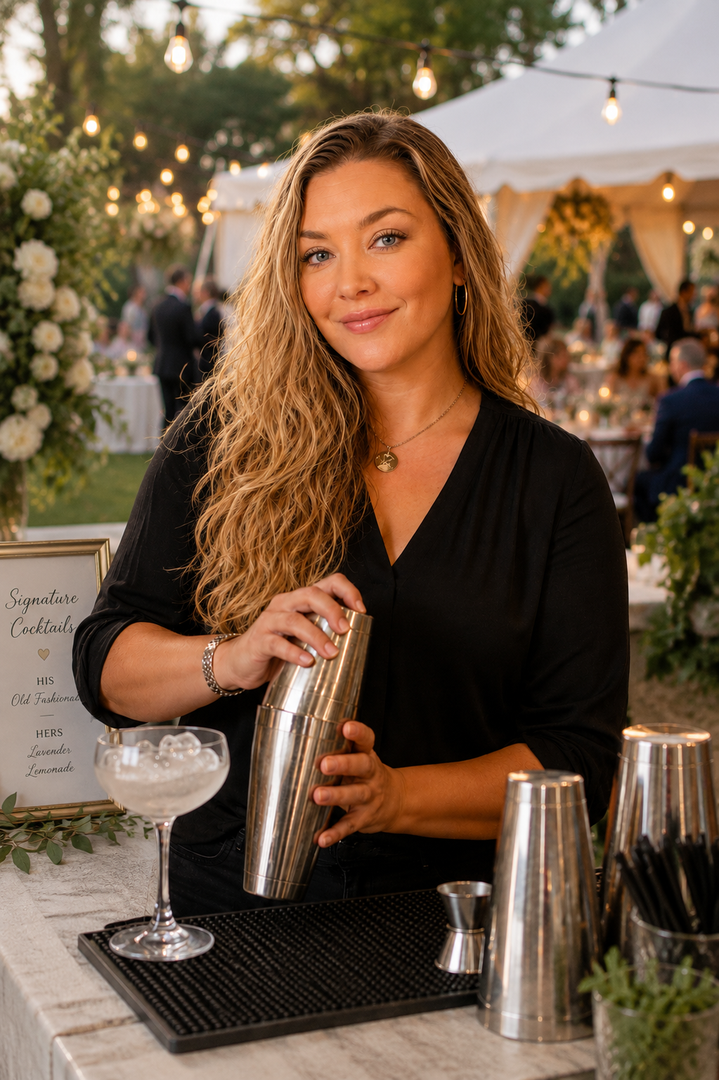 A woman with curly blonde hair and gold hoop earrings pours a drink at an outdoor event during dusk, with string lights and a white canopy in the background.