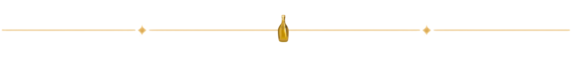 A golden champagne bottle centered on a decorative gold line with diamond-shaped accents at each end.