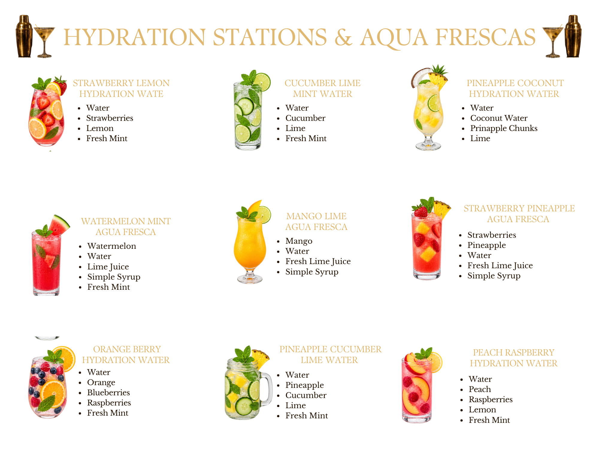 A chart displaying various hydration stations and aqua frescas, including strawberry lemon hydration water, cucumber lime mint water, pineapple coconut hydration water, watermelon mint agua fresca, mango lime agua fresca, strawberry pineapple agua fresca, orange berry hydration water, pineapple cucumber lime water, and peach raspberry hydration water, each with list of ingredients and corresponding fruit images.