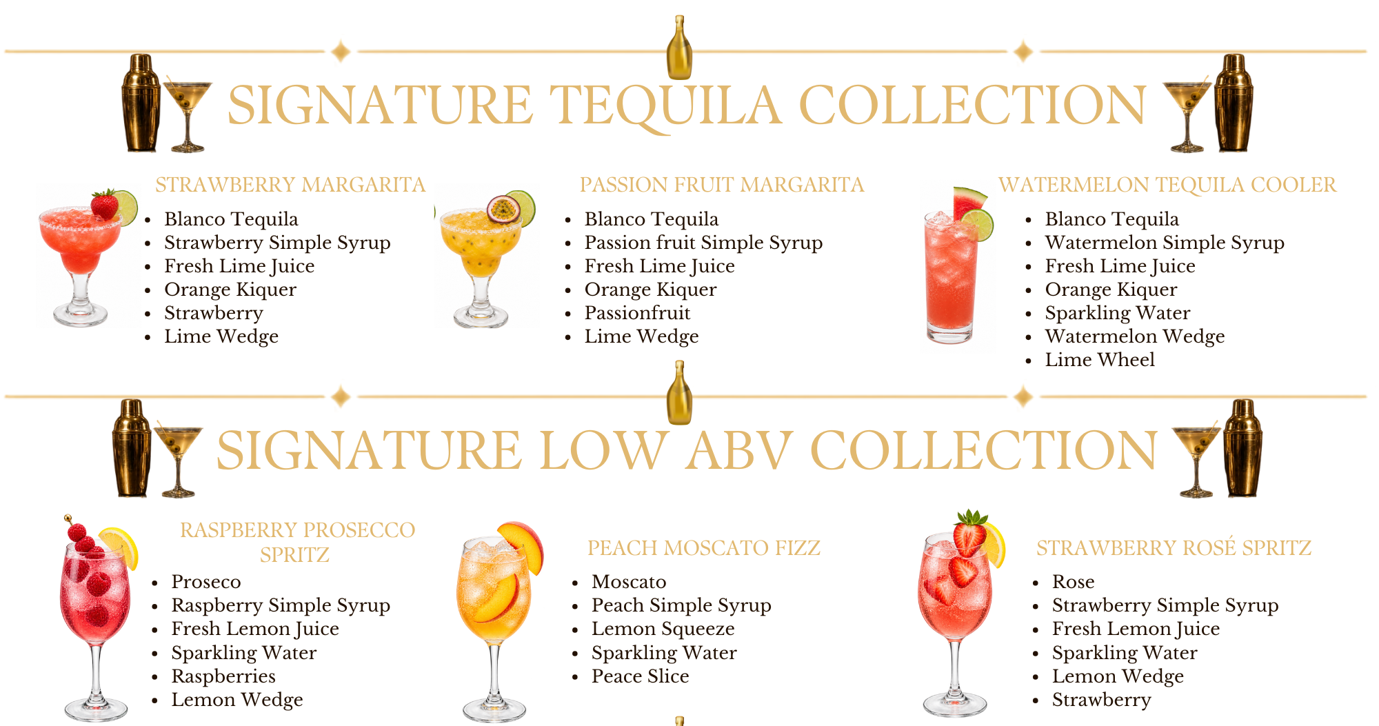 A menu showcasing various margarita and spritz cocktails with ingredients and images of colorful drinks, garnished with fruits, and themed with gold accents and cocktail shakers.