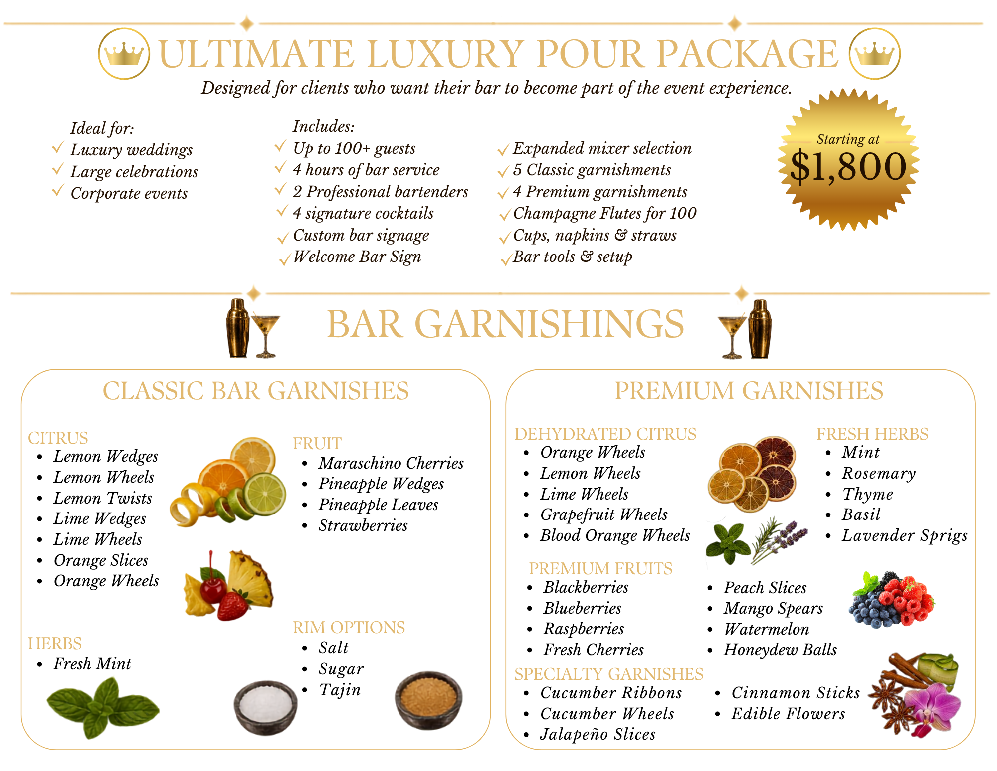 Flyer for a luxury bar garnish package, highlighting features like large guest capacity, professional bartenders, signature cocktails, and premium garnashes, priced starting at $1,800.