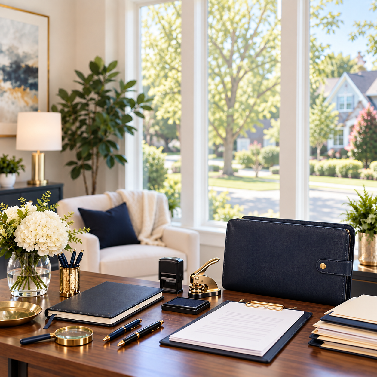 “Professional mobile notary supplies arranged in a South Jersey office for document notarization services.”
