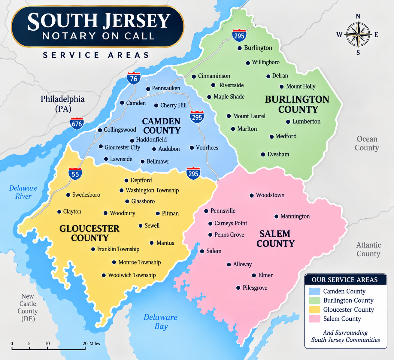 “South Jersey Notary On Call mobile notary service areas map covering Camden, Burlington, Gloucester and Salem counties in New Jersey.