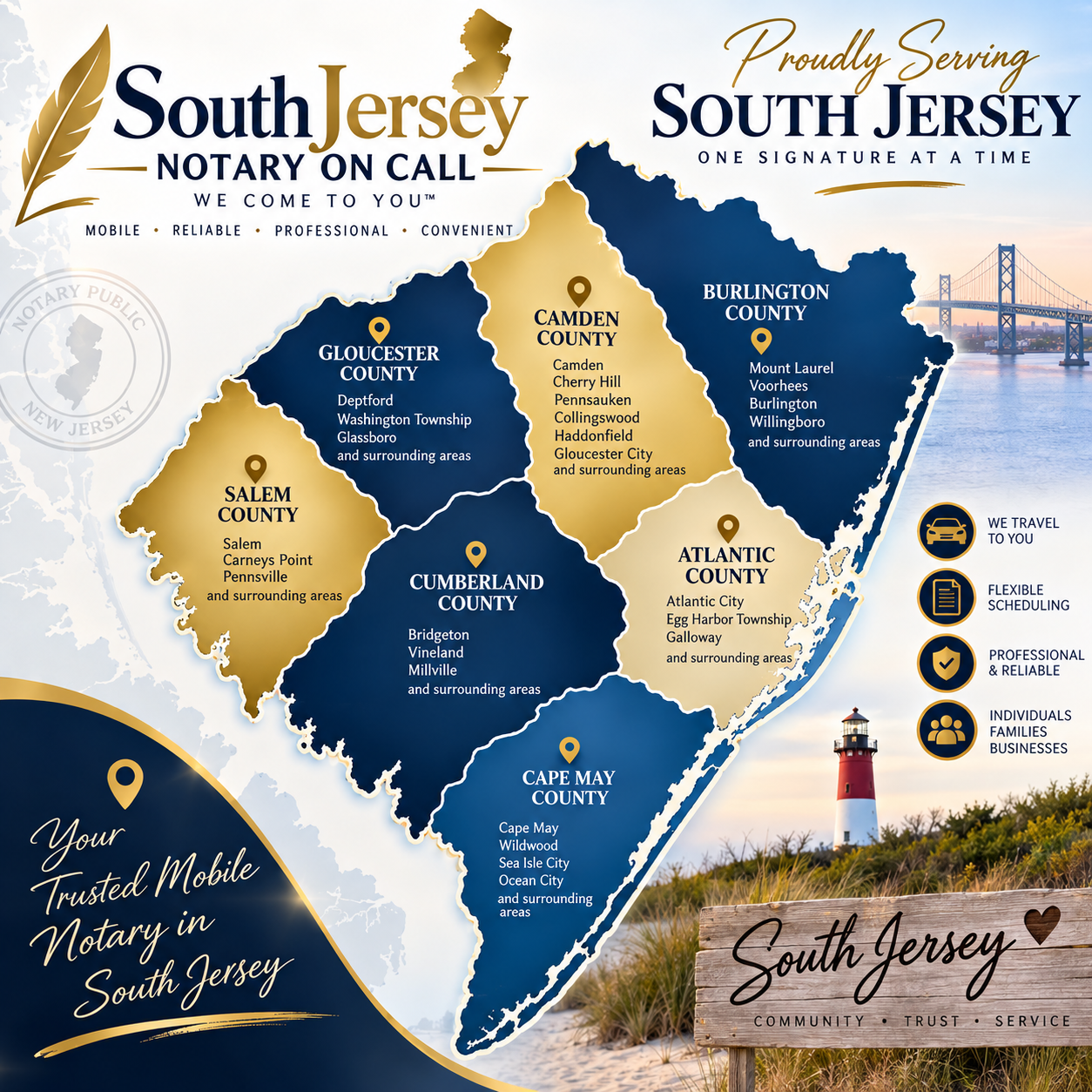 South Jersey Notary On Call mobile notary service area map showing Camden, Burlington, Gloucester, Salem, Cumberland, Atlantic, and Cape May counties in South Jersey, NJ.