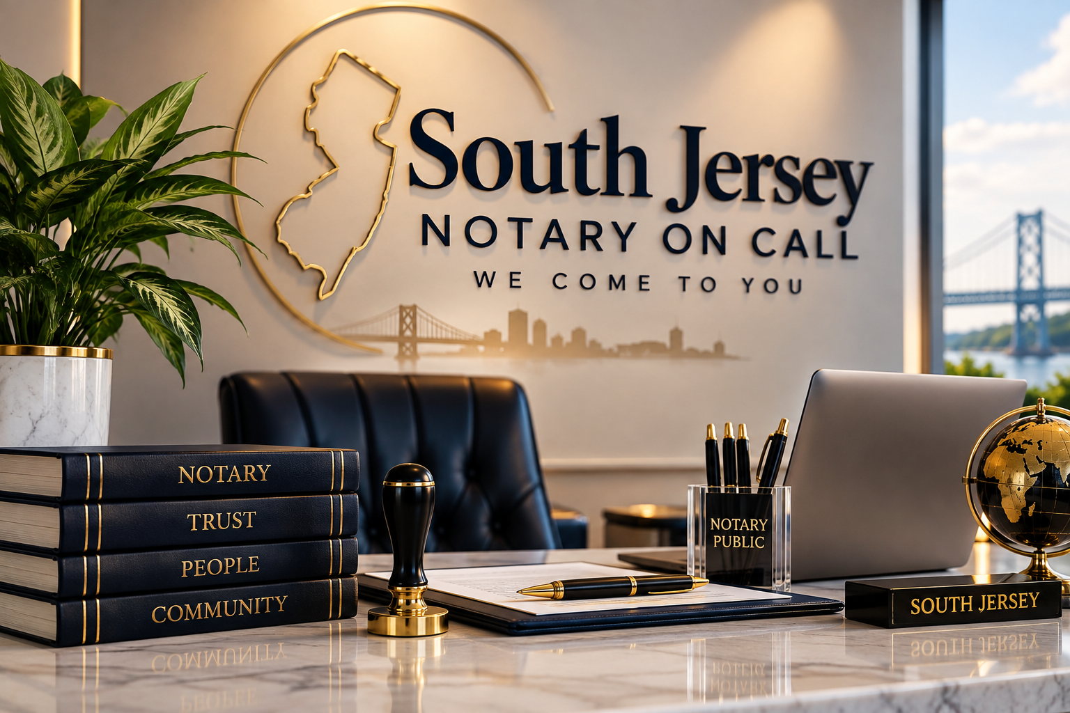 South Jersey Notary On Call professional mobile notary office with notary stamp, documents, and We Come to You branding.”