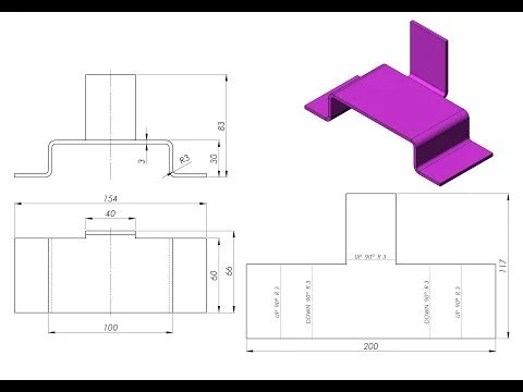 A technical drawing and 3D model of a purple mechanical part with detailed measurements and angles.