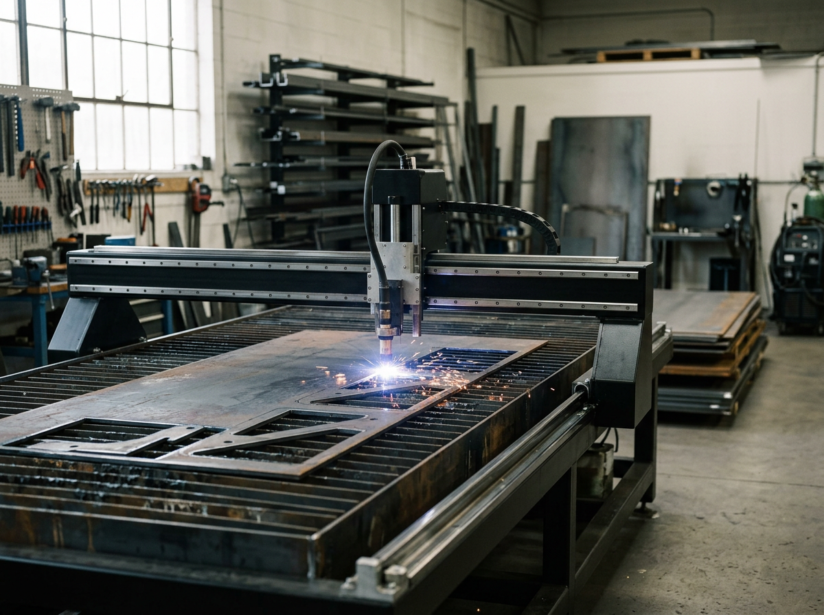 A CNC plasma cutting machine in operation cutting metal sheets in a workshop.