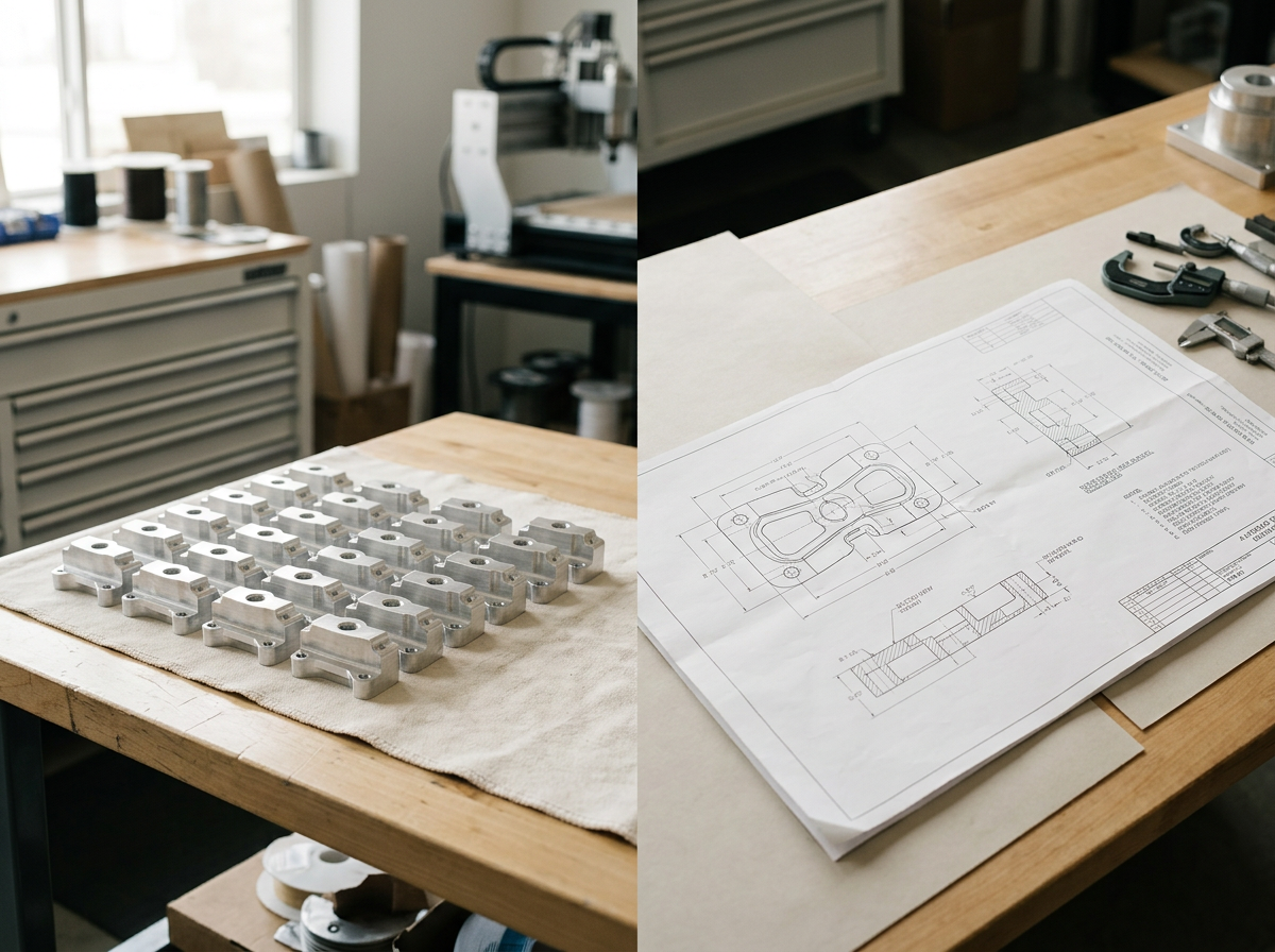 On the left side, multiple metallic mechanical parts are laid out on a cloth on a wooden table in a workshop. On the right side, a technical engineering drawing and measuring tools are on another wooden table in a workspace.