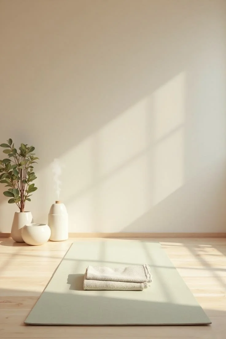Minimalist yoga or meditation space with a light-colored mat, folded towel, potted plant, and decorative vases, with sunlight and shadows on a plain wall in the background.