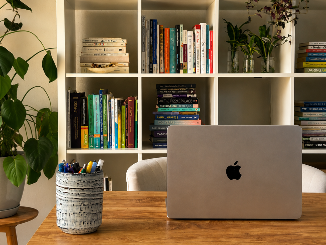 Home office workspace with a closed laptop on a wooden desk, a ceramic container filled with colored pens, a potted plant on a side table, and a white bookshelf filled with books in the background.